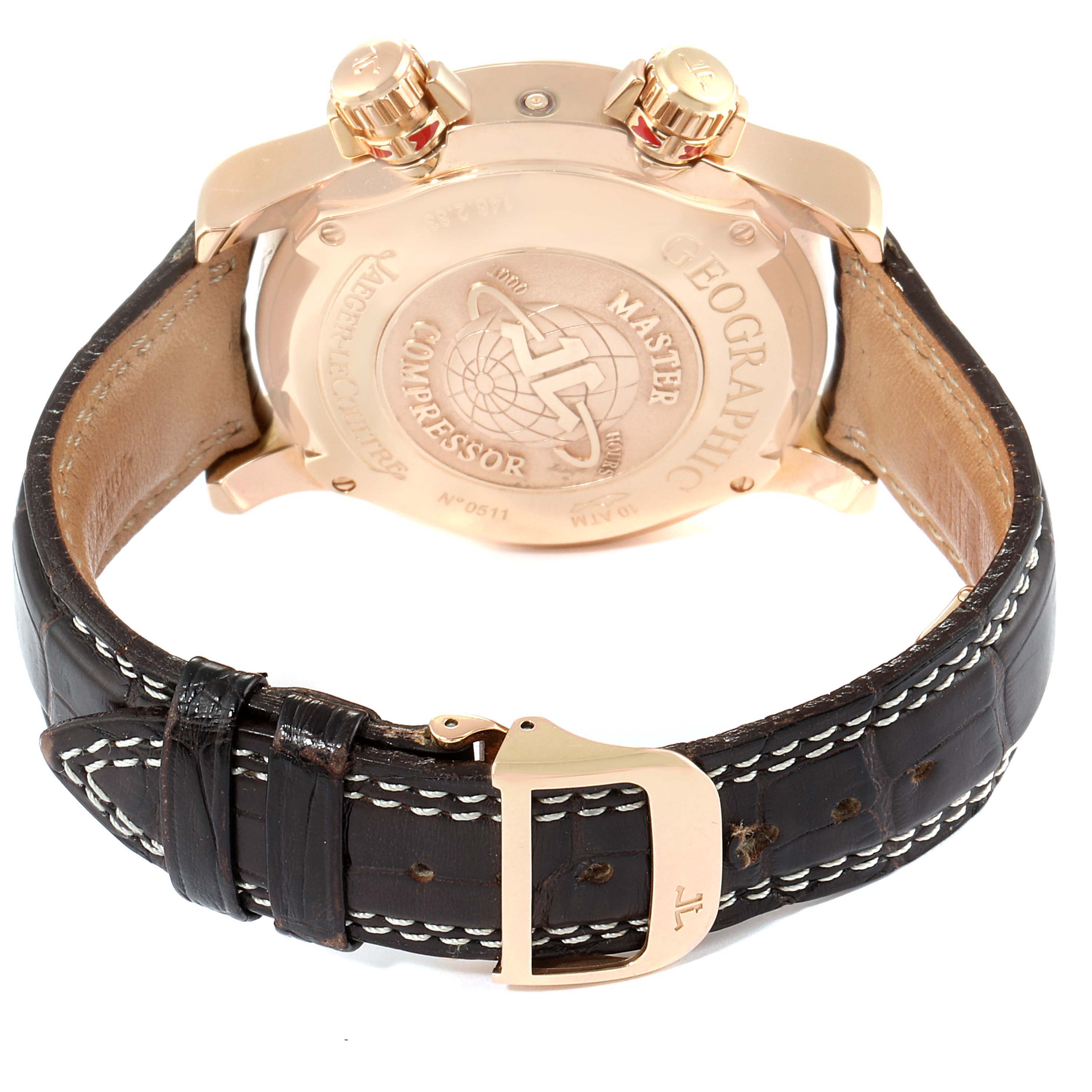 The image shows the back view of a Jaeger LeCoultre Master 146.2.83 Men's Rose Gold Brown Dial 146.2.83 Men's Rose Gold Brown Dial model watch, focusing on the case back and leather strap.