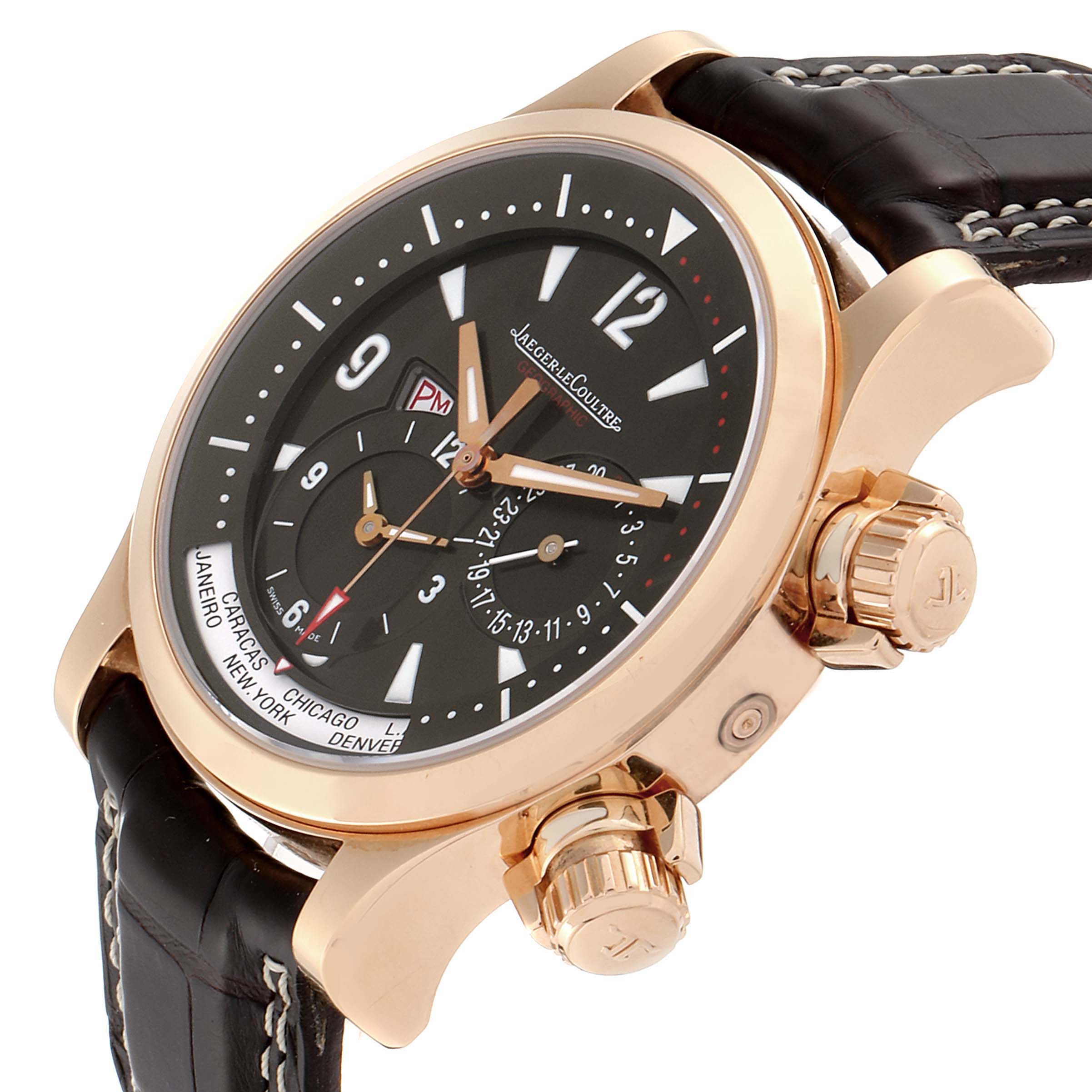 The Jaeger LeCoultre Master 146.2.83 Men's Rose Gold Brown Dial 146.2.83 Men's Rose Gold Brown Dial model watch is shown at an angle highlighting the bezel, dial, crown, pushers, and stitched leather strap.