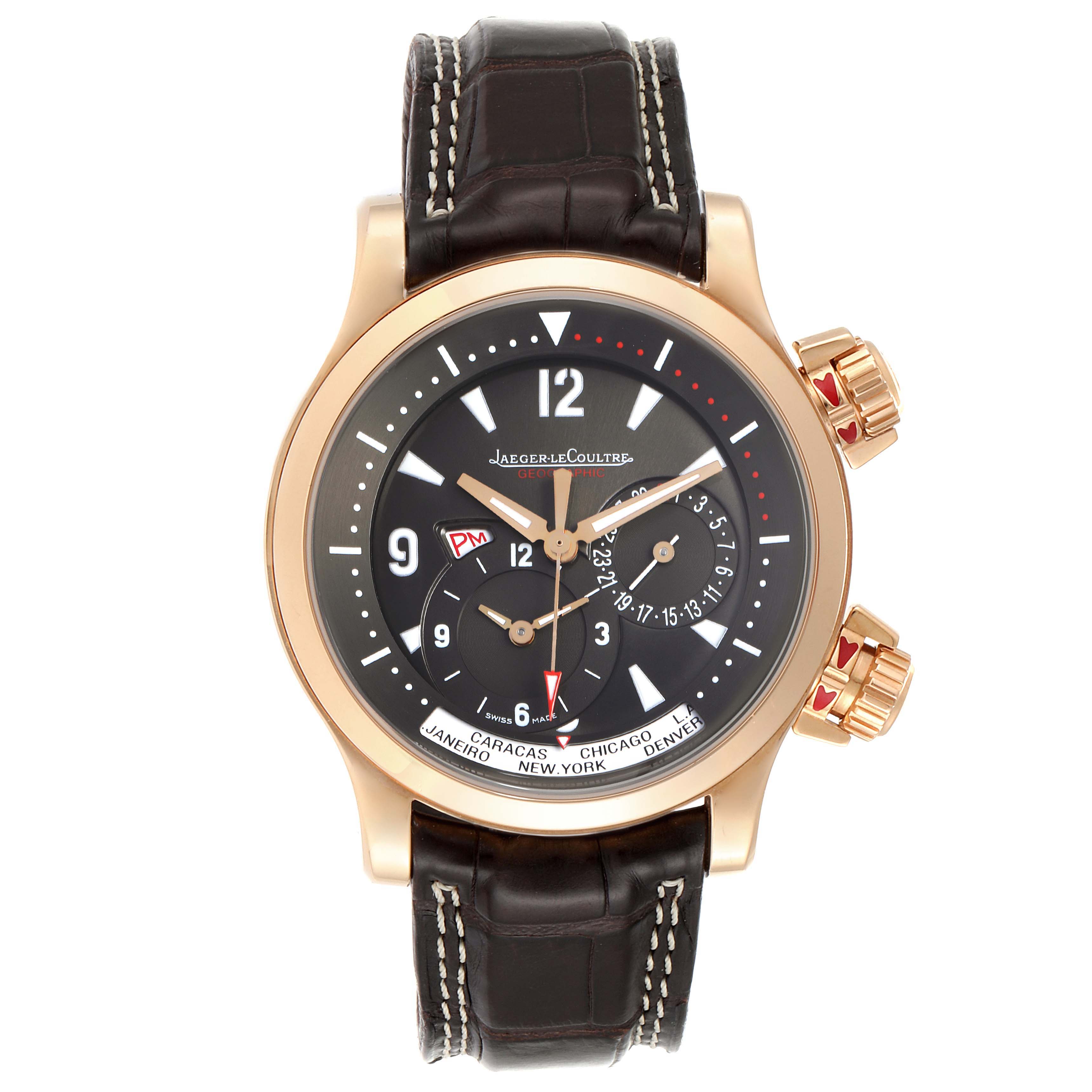 The image shows a front view of a Jaeger-LeCoultre Master model watch with detailed dials and a leather strap.