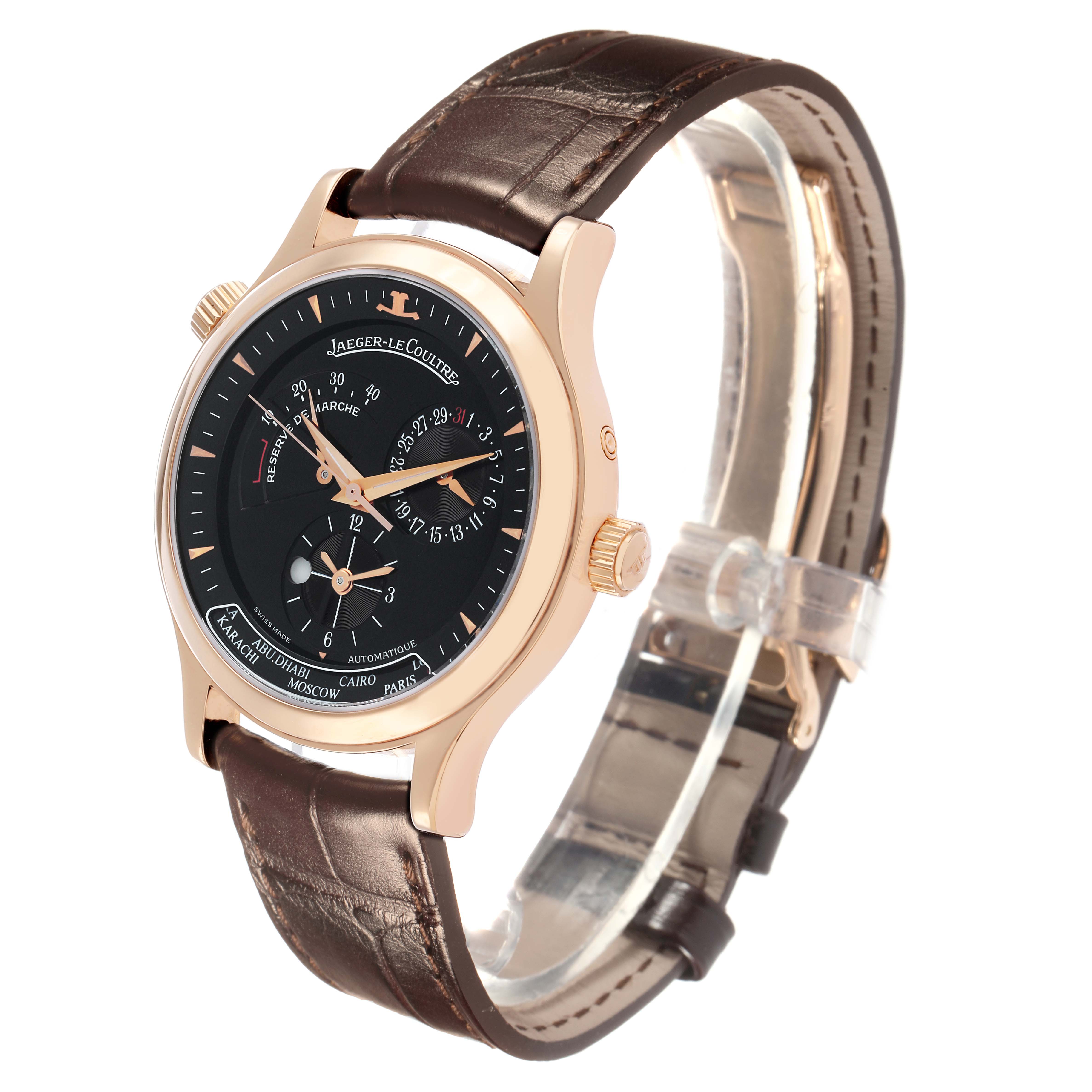 The Jaeger LeCoultre Master 142.2.92.S Men's Rose Gold Black Dial watch is shown at a three-quarter angle, highlighting the face, gold case, and brown leather strap.