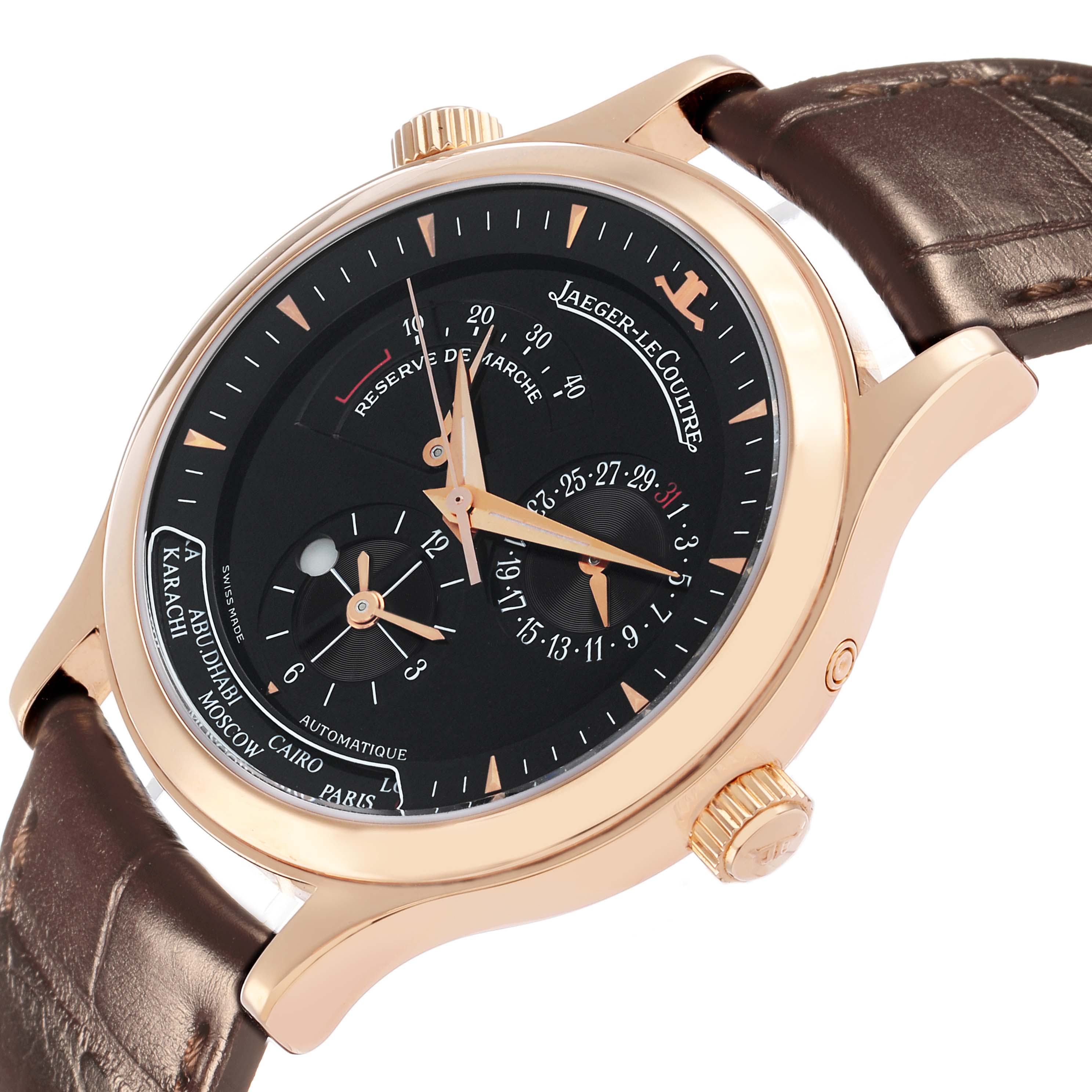 The Jaeger LeCoultre Master 142.2.92.S Men's Rose Gold Black Dial watch is shown from a slight side angle, highlighting its dial, hands, crown, and leather strap.