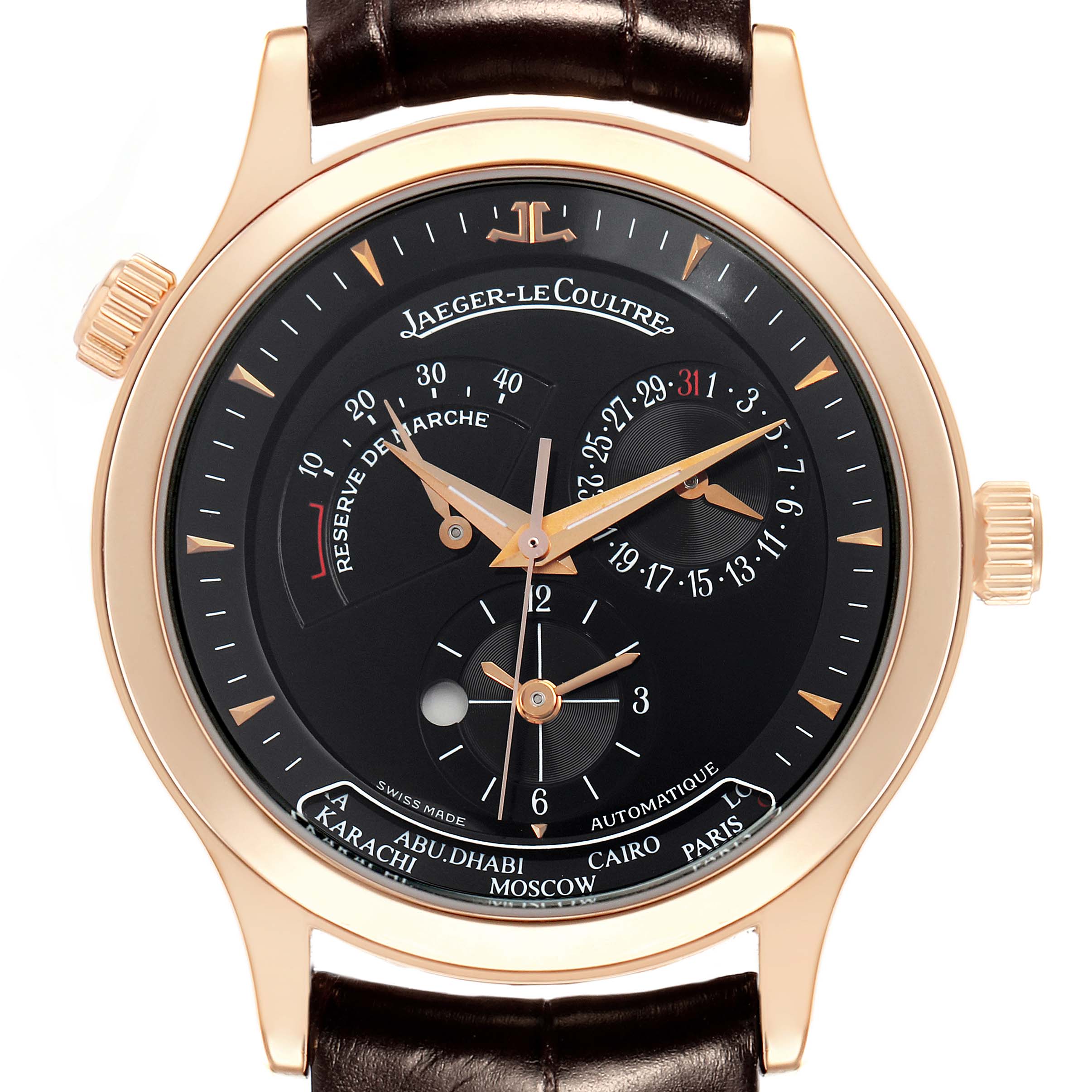 The Jaeger LeCoultre Master 142.2.92.S Men's Rose Gold Black Dial model is shown from a frontal angle, highlighting its face, hands, subdials, and crown.