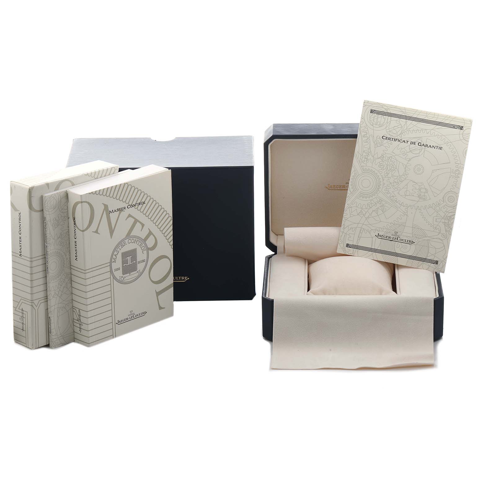 The image shows packaging and documentation for the Jaeger LeCoultre Master 142.2.92.S Men's Rose Gold Black Dial model, including boxes and a certificate.