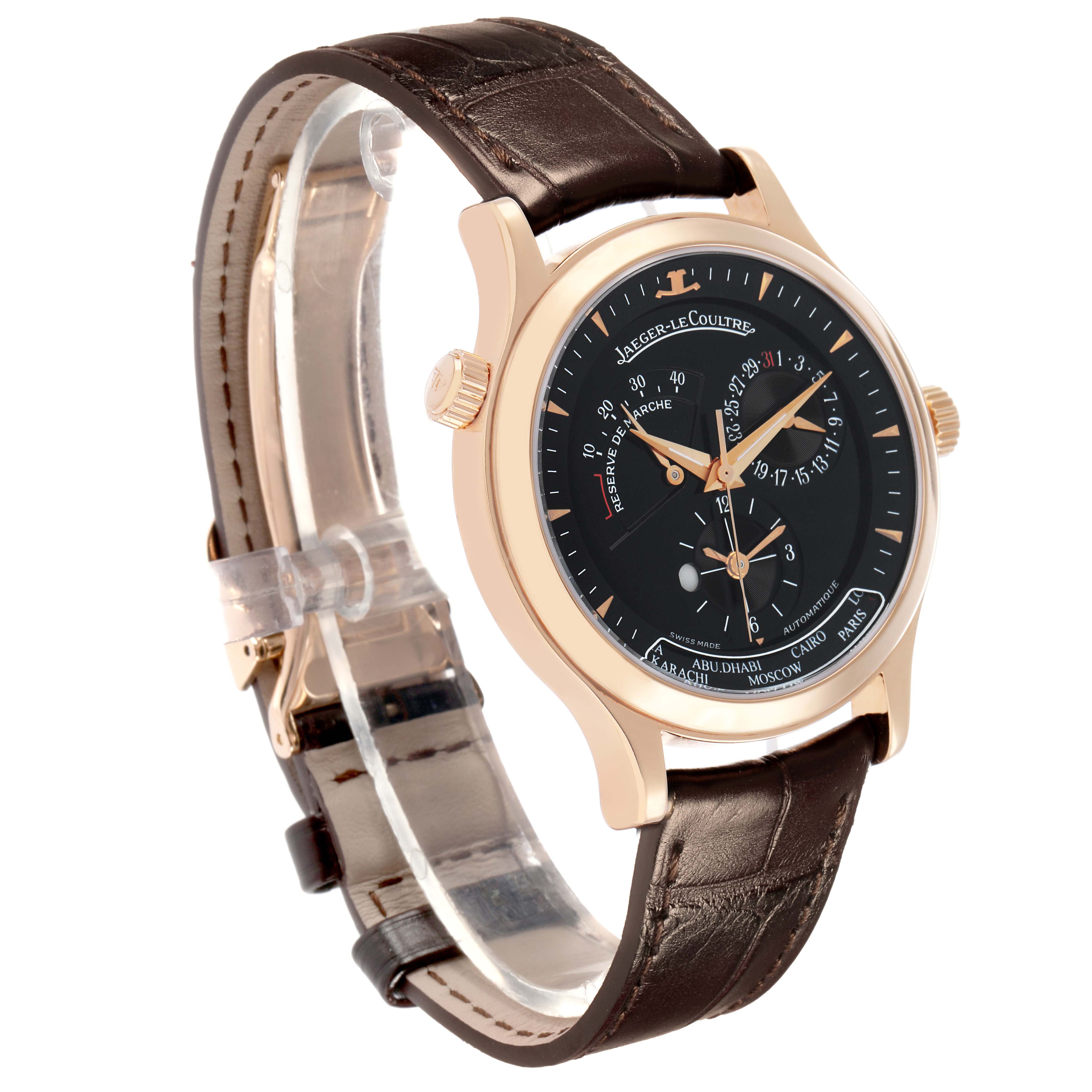 The Jaeger-LeCoultre Master watch is shown at a front angle highlighting the dial, case, and leather strap.