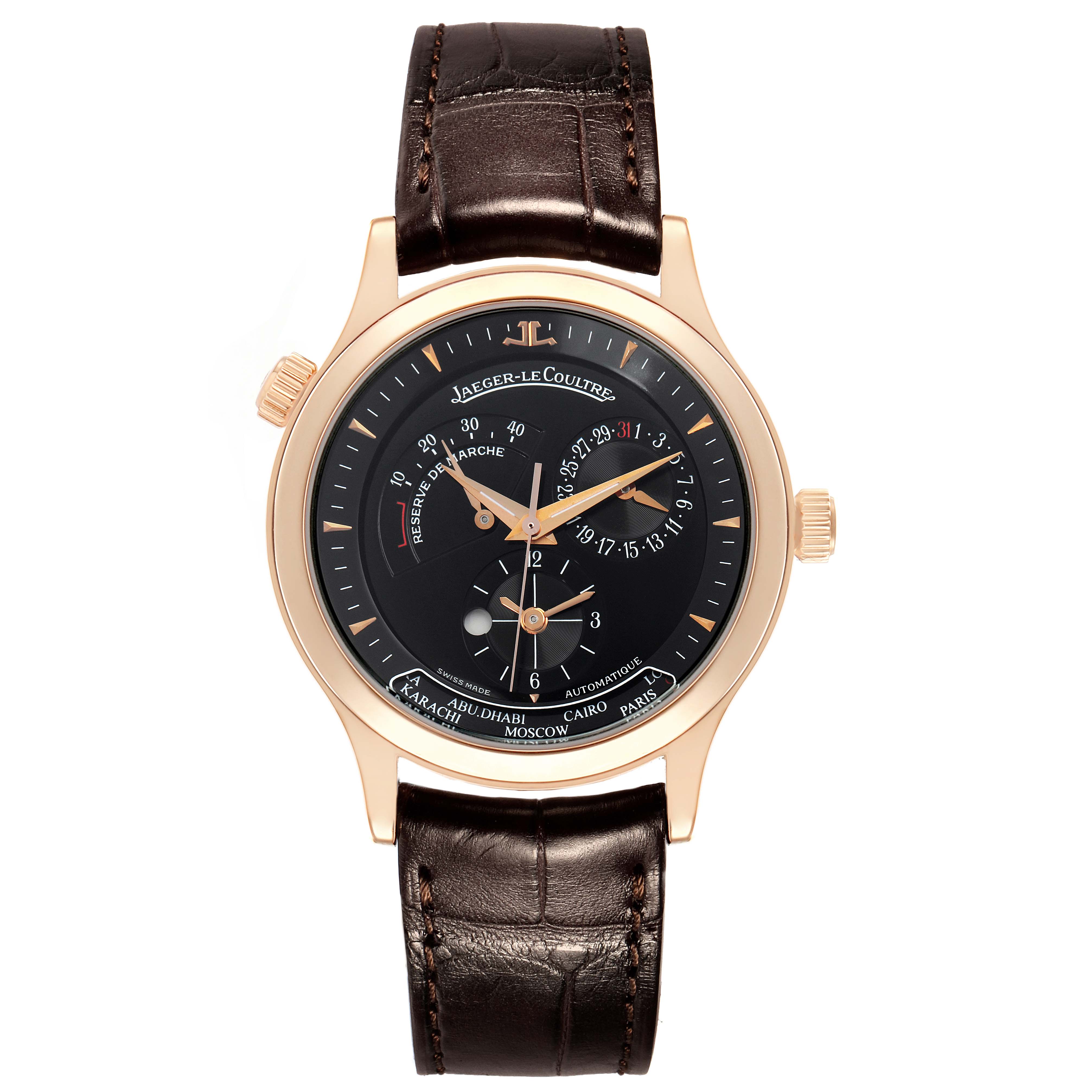 The Jaeger LeCoultre Master 142.2.92.S Men's Rose Gold Black Dial watch is shown from the front, displaying the dial, hands, crown, and leather strap.