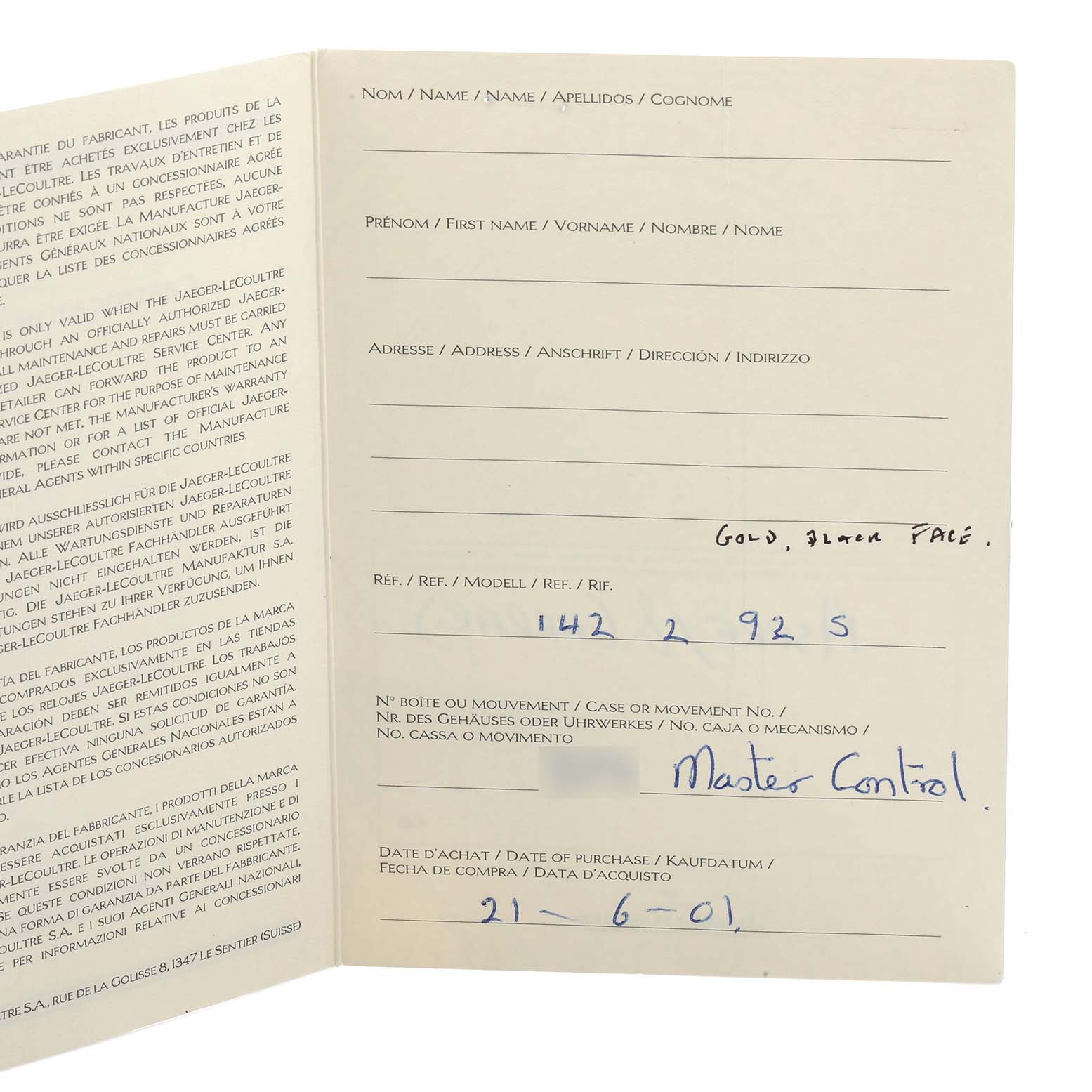 The image shows the warranty booklet for a Jaeger-LeCoultre Master model, displaying text and handwritten details.