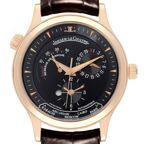The image shows a frontal view of the Jaeger LeCoultre Master 142.2.92.S Men's Rose Gold Black Dial watch, highlighting its dials, hands, and crown.