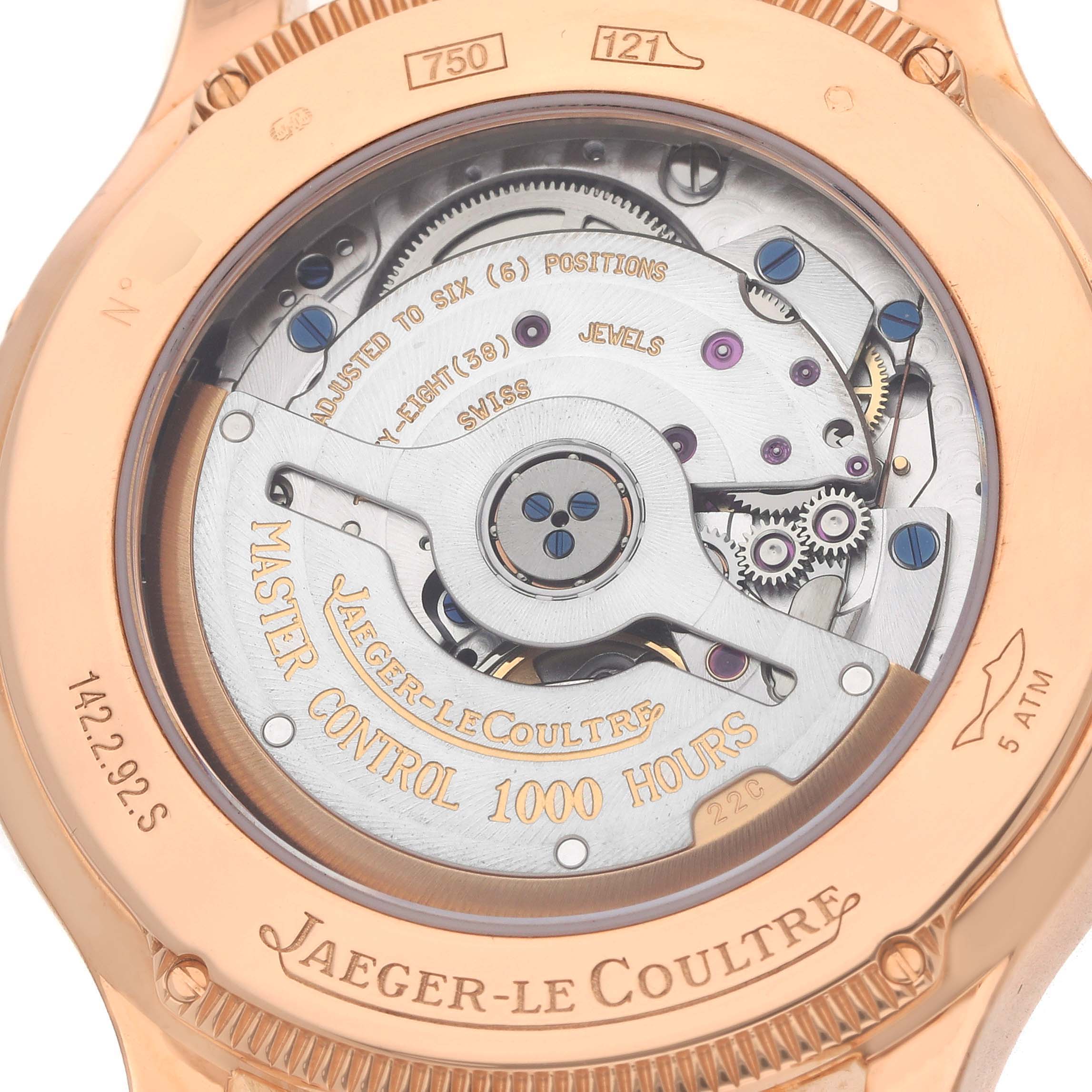The image shows the back of the Jaeger-LeCoultre Master model, highlighting the movement and inner mechanics.