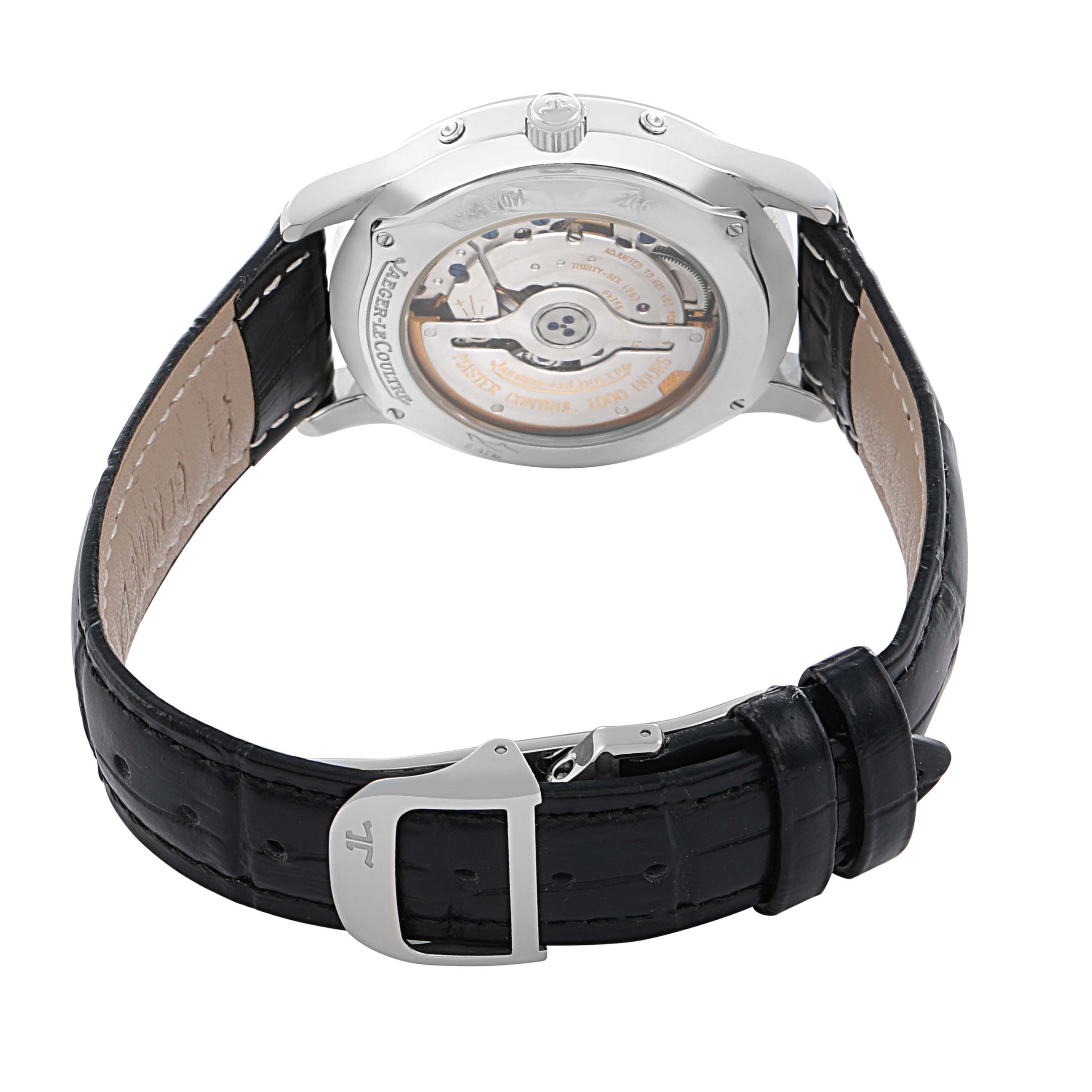 The image shows the back of the Jaeger LeCoultre Master Q143842A Men's Stainless Steel Silver Dial model, highlighting its movement and black leather strap with a deployant clasp.