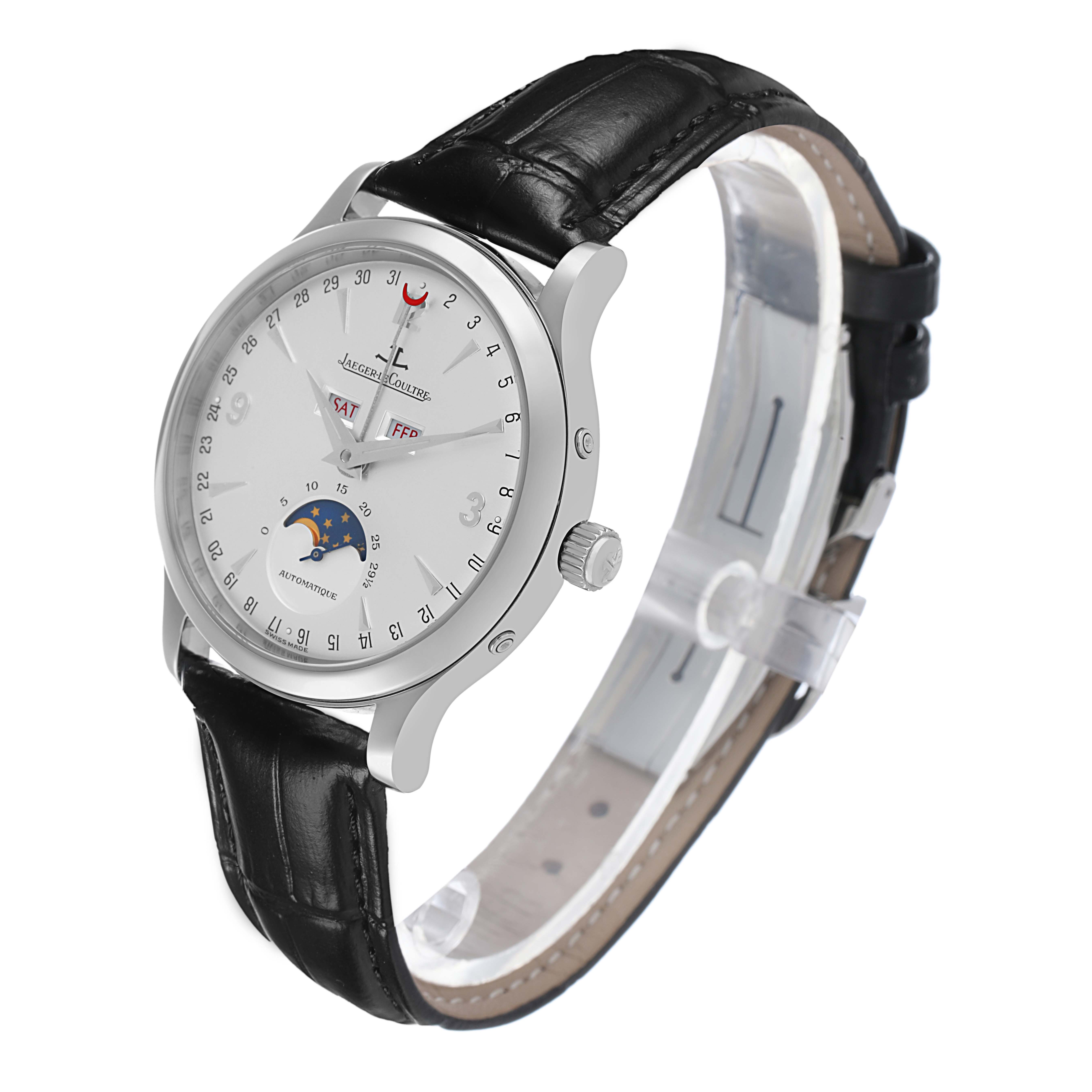 The Jaeger LeCoultre Master Q143842A Men's Stainless Steel Silver Dial watch is shown at an angled side view, highlighting the dial, crown, and black leather strap.