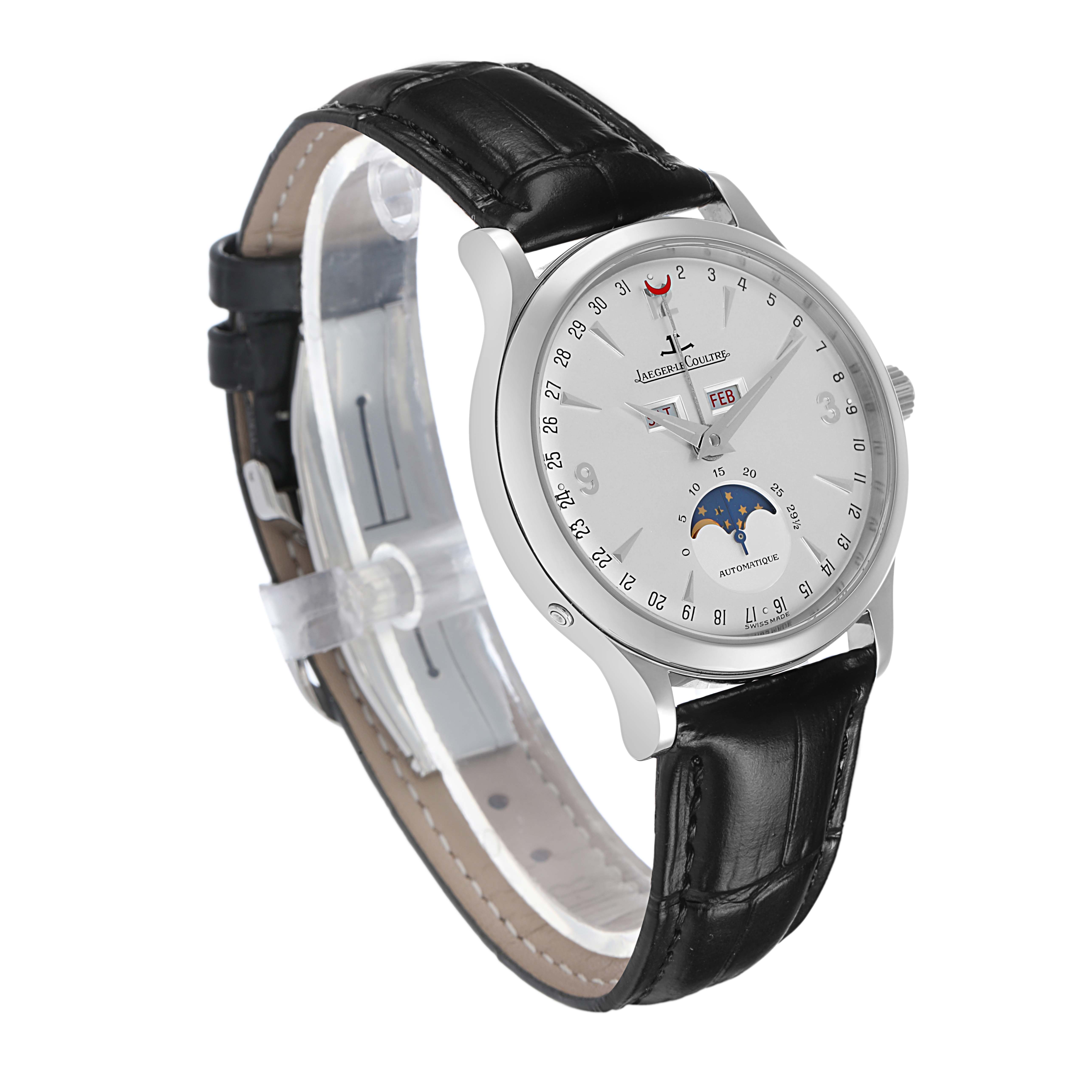 The Jaeger LeCoultre Master Q143842A Men's Stainless Steel Silver Dial watch is shown at a three-quarter angle, highlighting the dial, case, leather strap, and side crown.