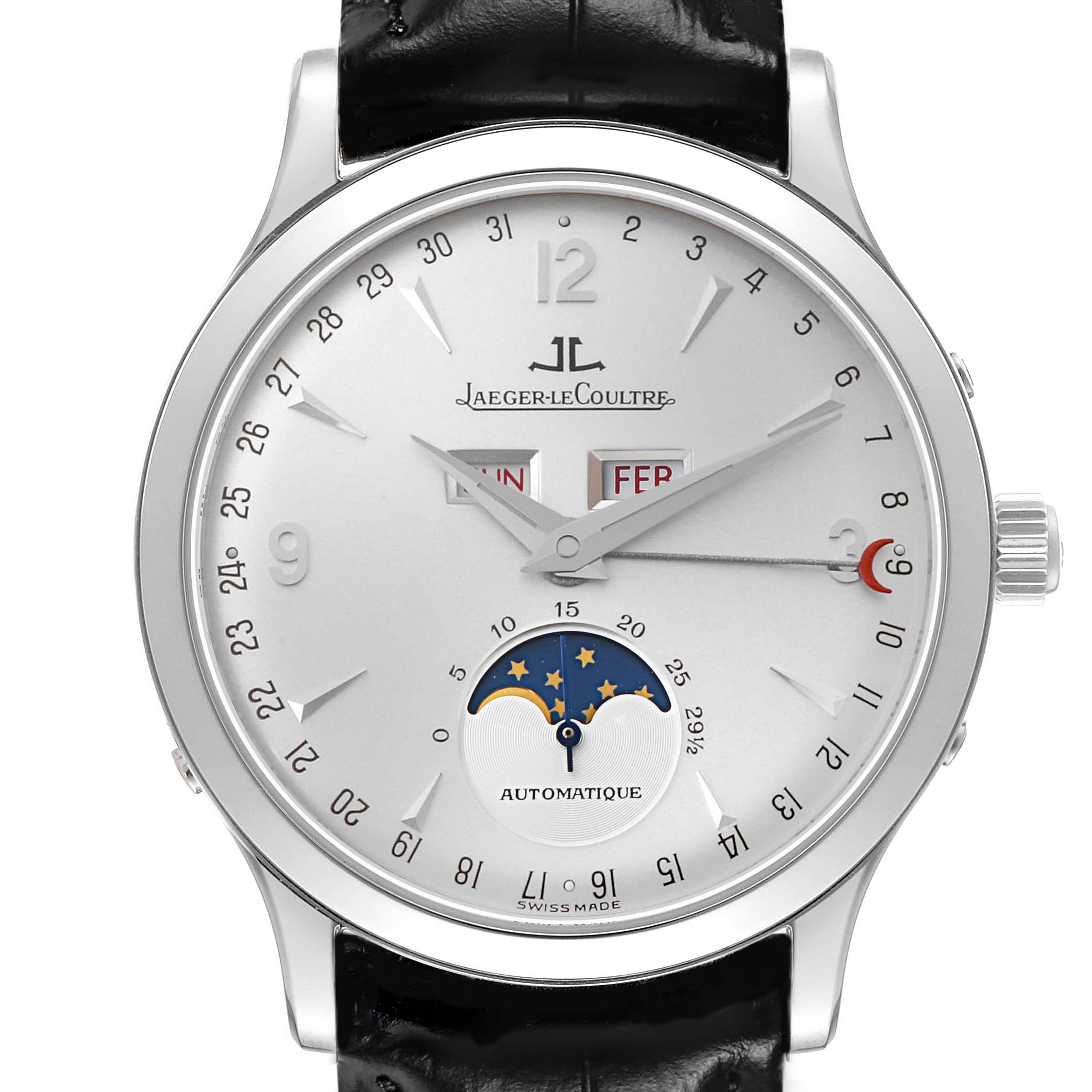 The Jaeger LeCoultre Master Q143842A Men's Stainless Steel Silver Dial watch is shown from the front, displaying the dial, hands, moon phase, and day-date indicators.