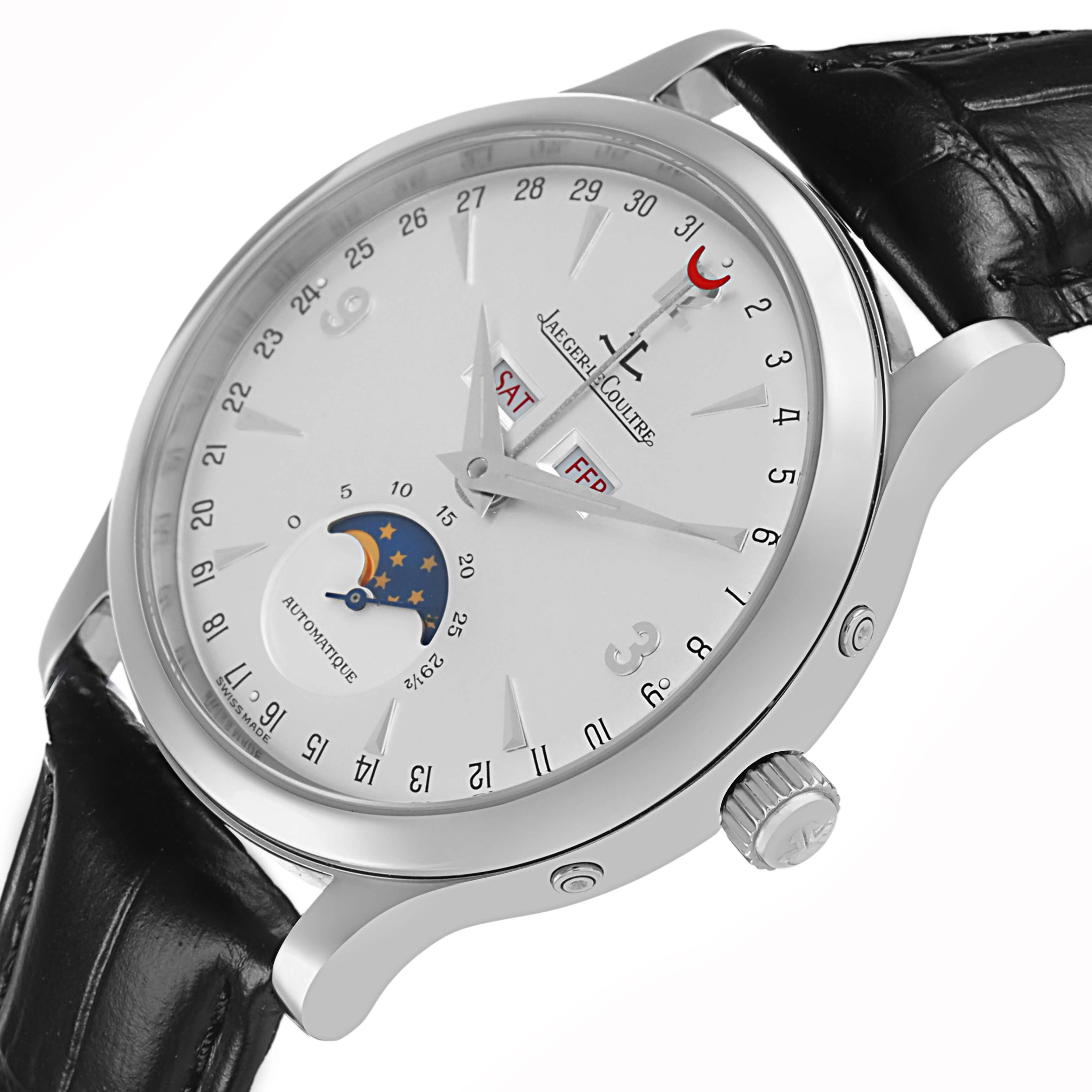 The Jaeger LeCoultre Master Q143842A Men's Stainless Steel Silver Dial watch is shown at an angle highlighting the dial, moon phase, crown, and part of the strap.