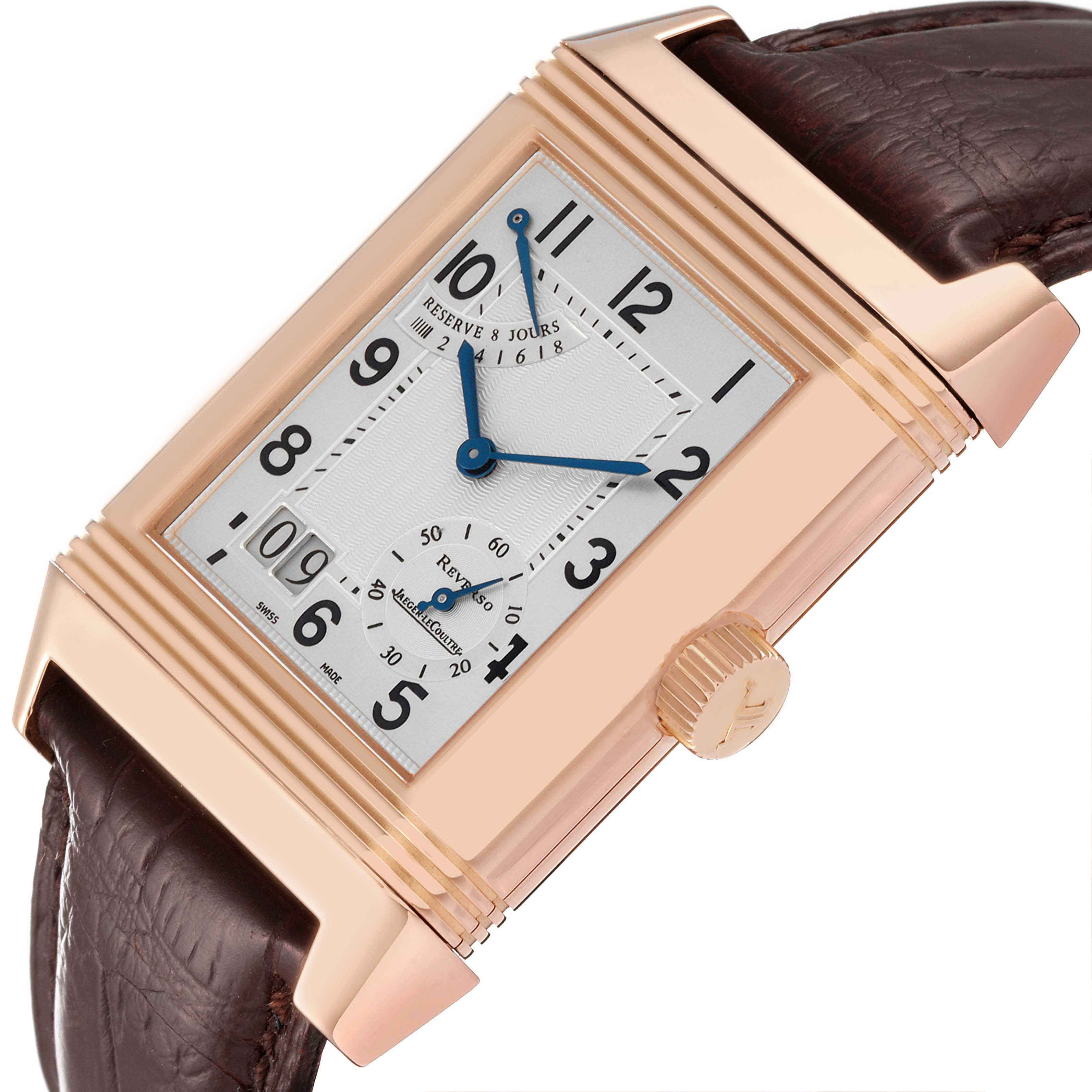 The watch is shown at an angle highlighting the face, crown, and leather strap of the Jaeger LeCoultre Reverso Q3002401 Men's Rose Gold Silver Dial Q3002401 Men's Rose Gold Silver Dial model.