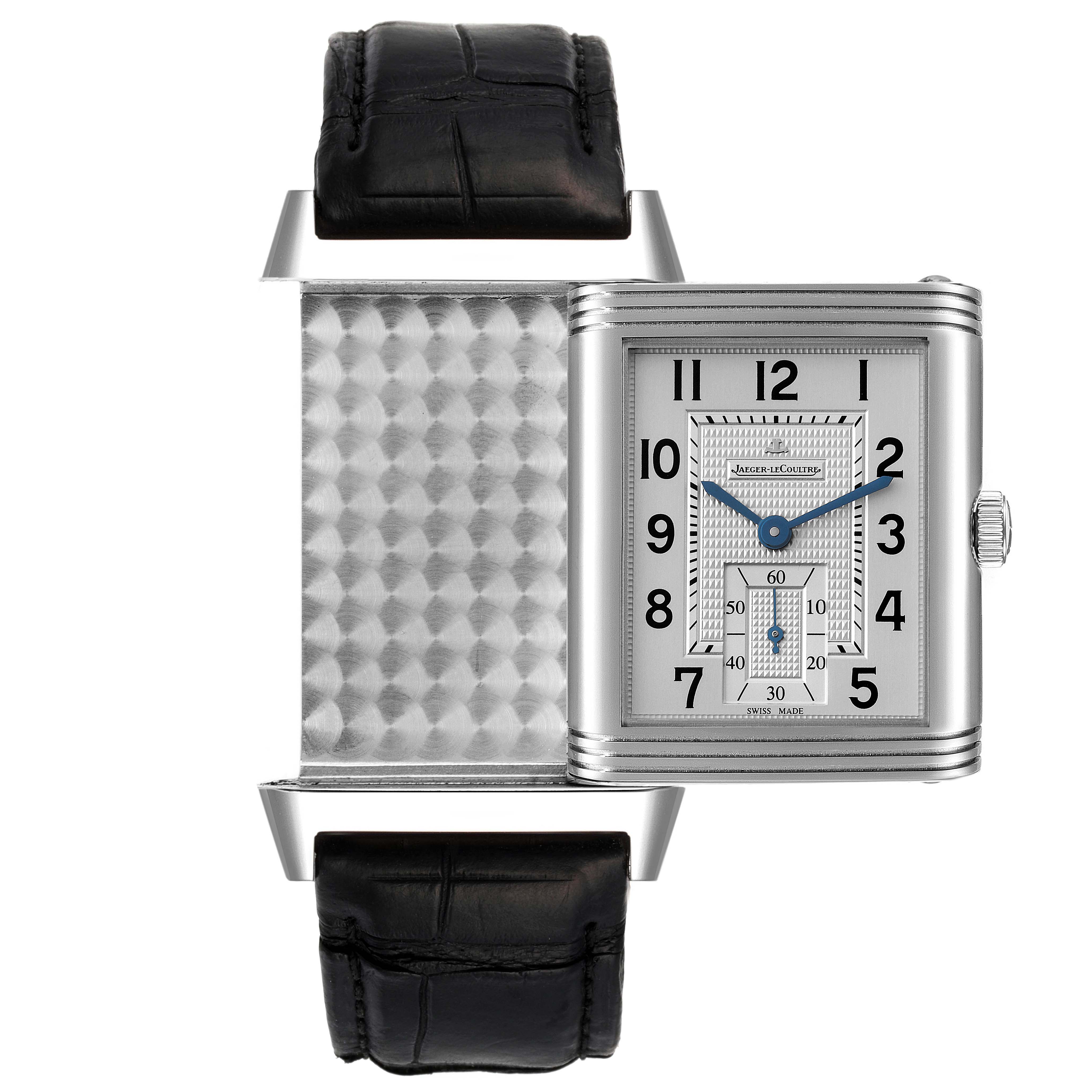 The image shows a Jaeger-LeCoultre Reverso watch with its case rotated, revealing both the back and the face details.