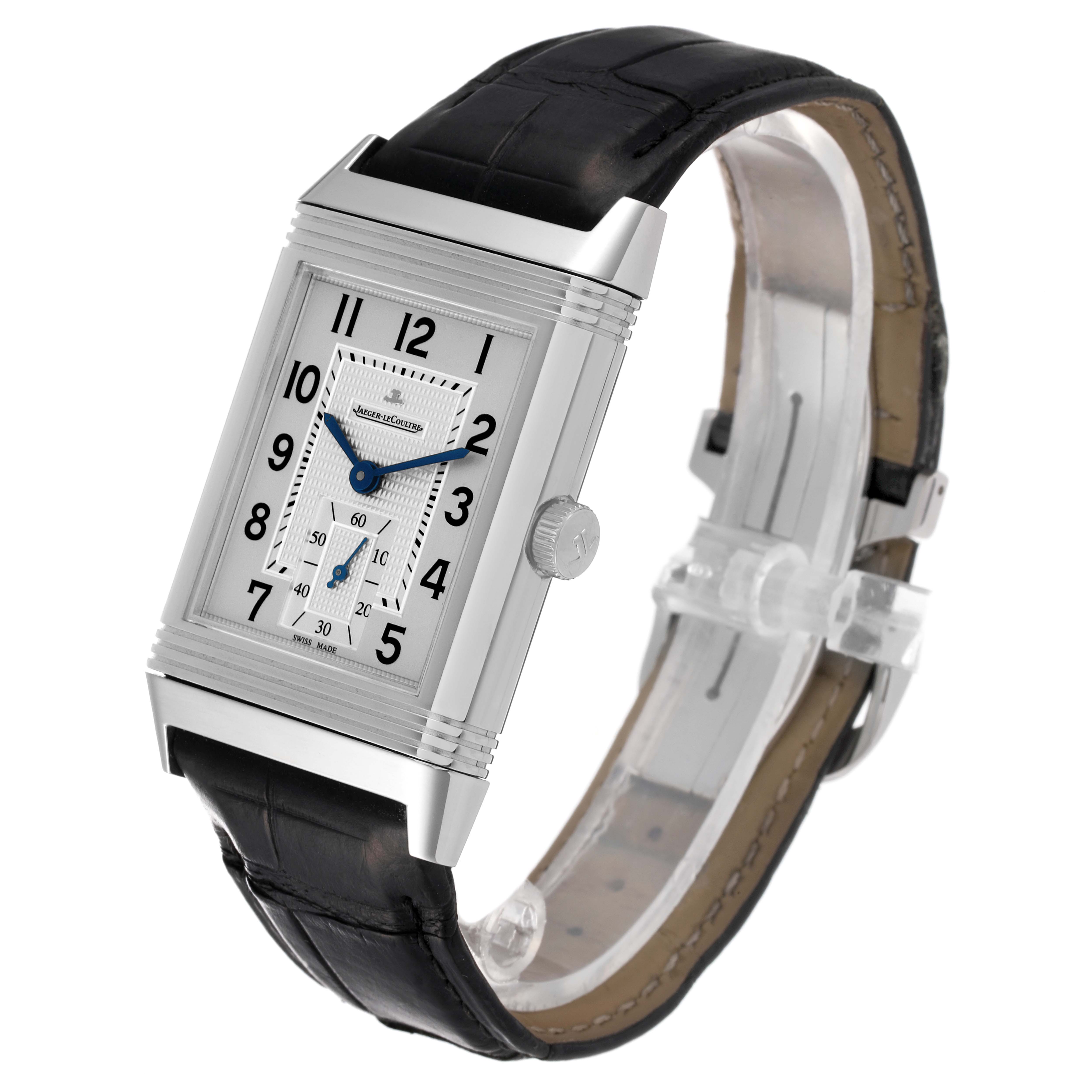 The image shows a Jaeger LeCoultre Reverso Q3738420 Men's Stainless Steel Silver Dial Q3738420 Men's Stainless Steel Silver Dial watch at a 3/4 angle, highlighting its rectangular face, leather strap, and crown.