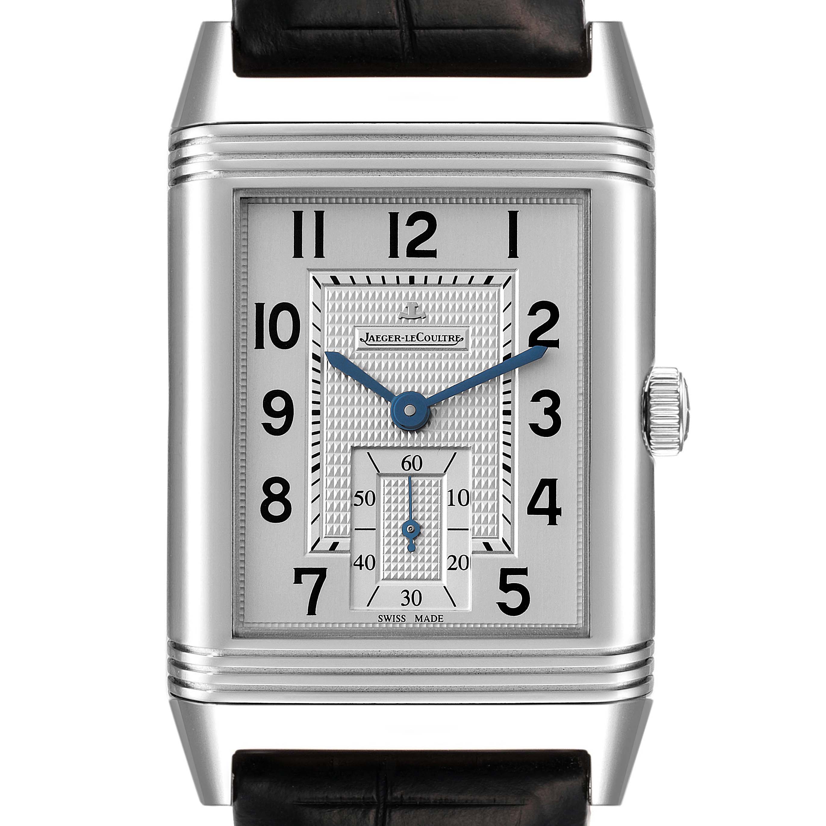 The image shows a front view of a Jaeger LeCoultre Reverso Q3738420 Men's Stainless Steel Silver Dial Q3738420 Men's Stainless Steel Silver Dial watch, displaying its rectangular dial and crown on the right side.