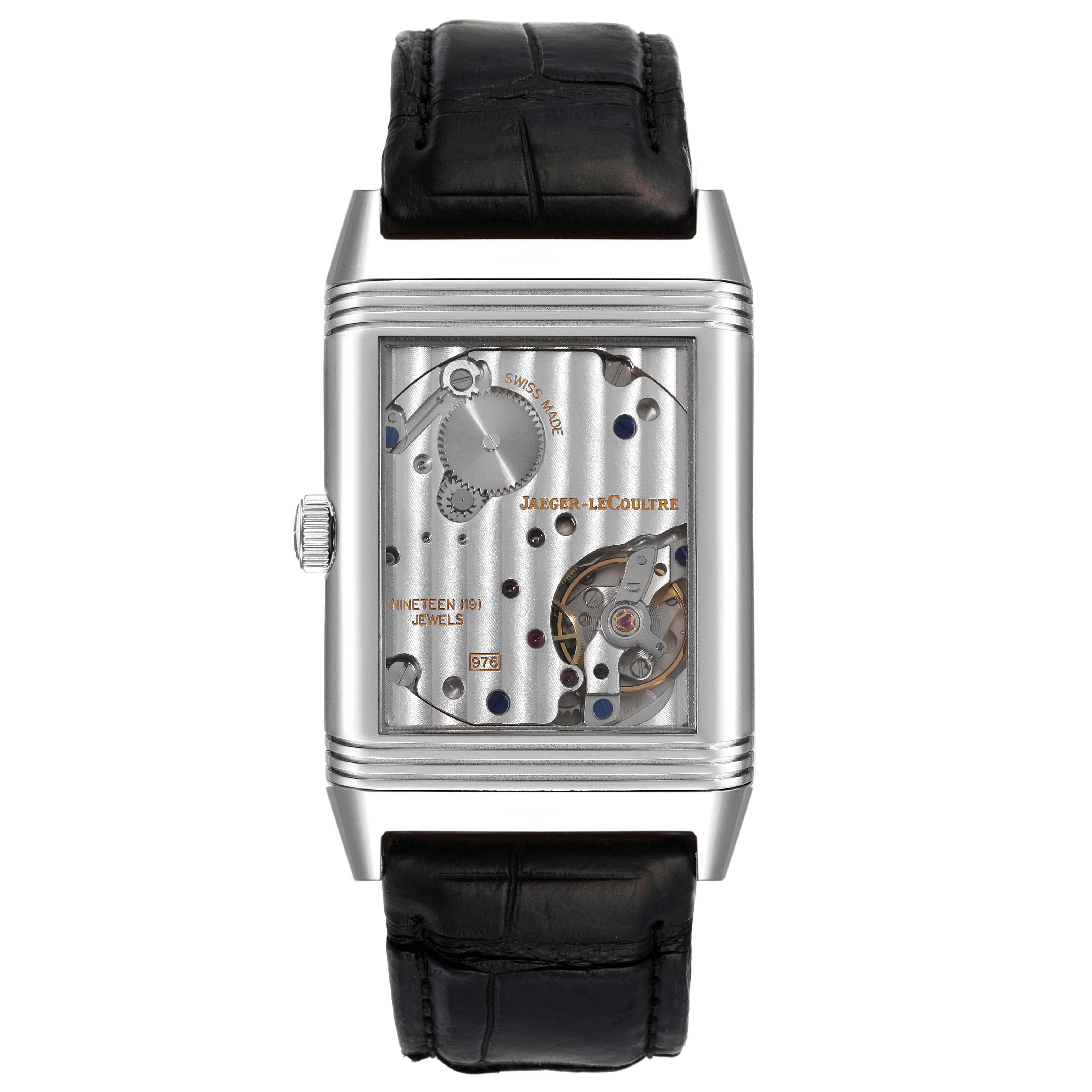 The image shows the back view of a Jaeger LeCoultre Reverso Q3738420 Men's Stainless Steel Silver Dial Q3738420 Men's Stainless Steel Silver Dial watch, highlighting its exposed mechanical movement.