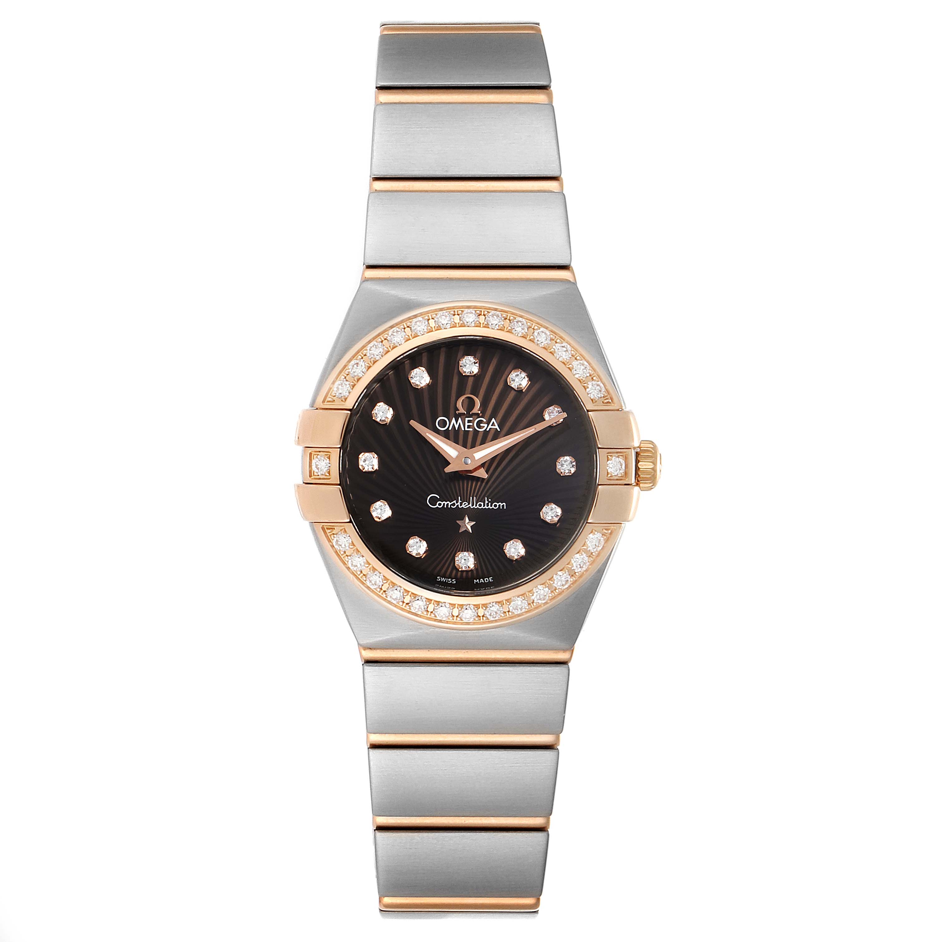 The image shows a front view of an Omega 123.25.24.60.63.001 Women's Stainless Steel Brown Dial 123.25.24.60.63.001 Women's Stainless Steel Brown Dial Constellation Diamond Steel Rose Gold Watch, model 123.25.24.60.63.001.