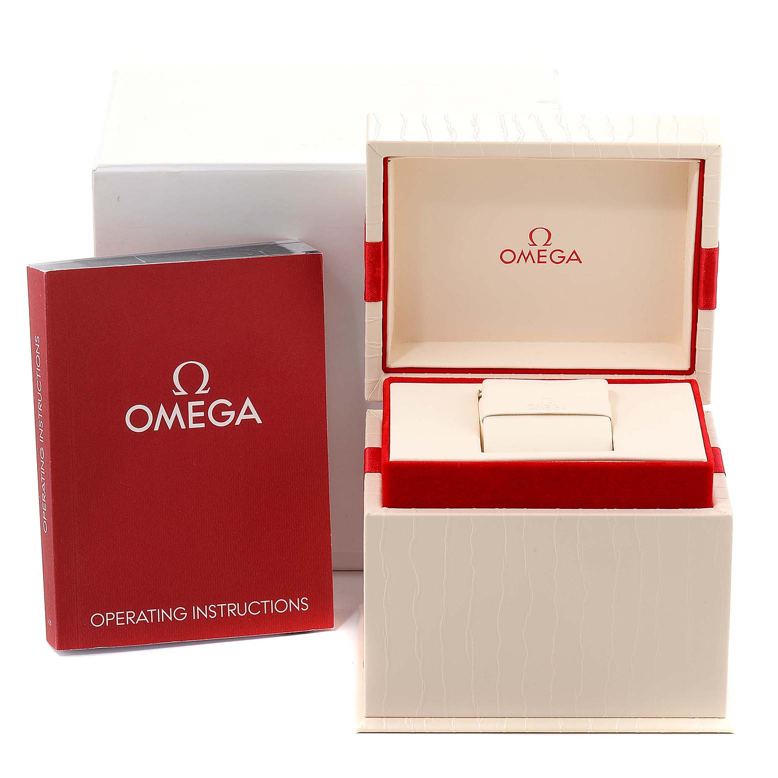 This image shows the packaging for the Omega 123.25.24.60.63.001 Women's Stainless Steel Brown Dial 123.25.24.60.63.001 Women's Stainless Steel Brown Dial Constellation Diamond Steel Rose Gold Watch model 123.25.24.60.63.001, featuring the instruction manual and open box.