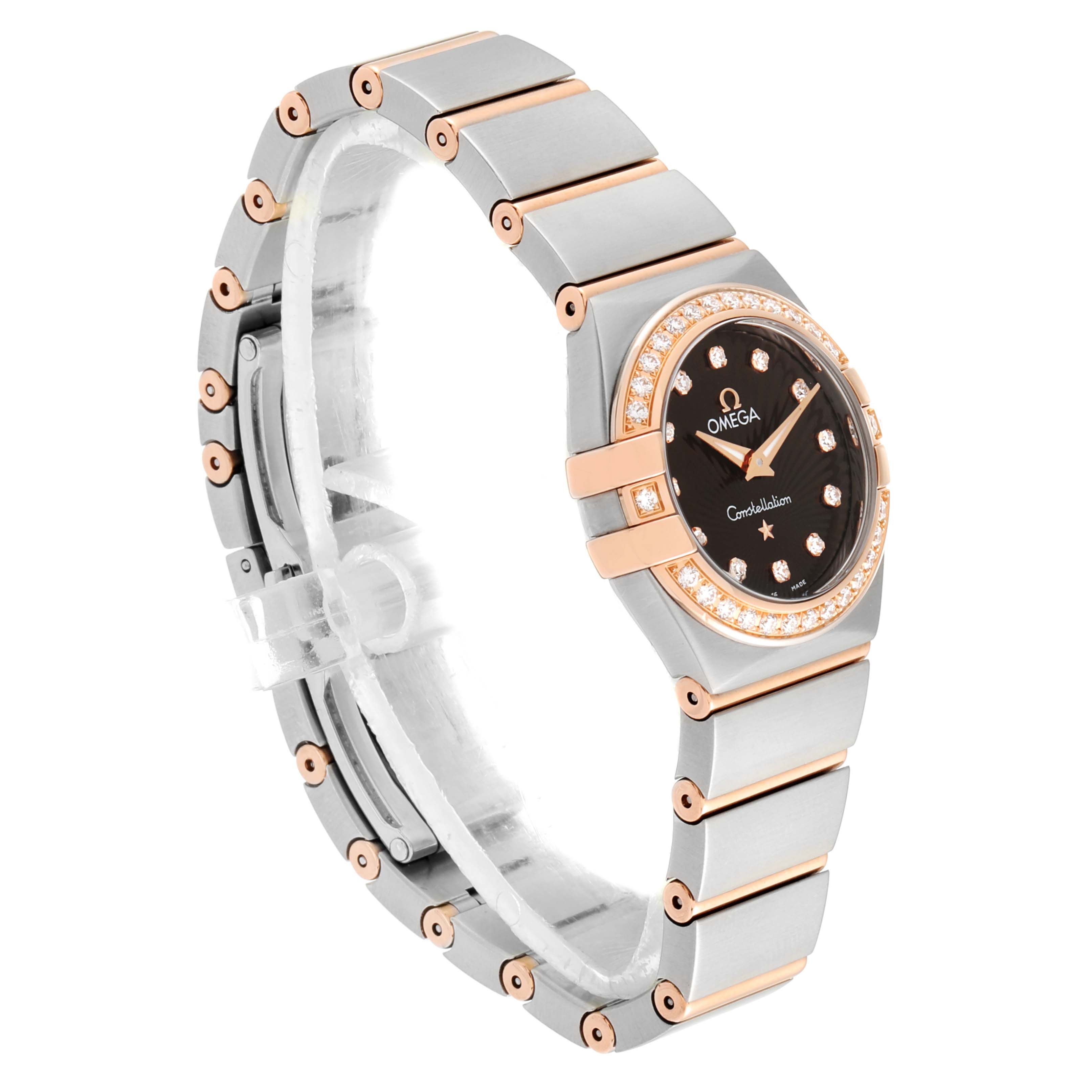 The image shows an angled side view of the Omega 123.25.24.60.63.001 Women's Stainless Steel Brown Dial 123.25.24.60.63.001 Women's Stainless Steel Brown Dial Constellation Diamond Steel Rose Gold Watch 123.25.24.60.63.001, displaying the face and band.