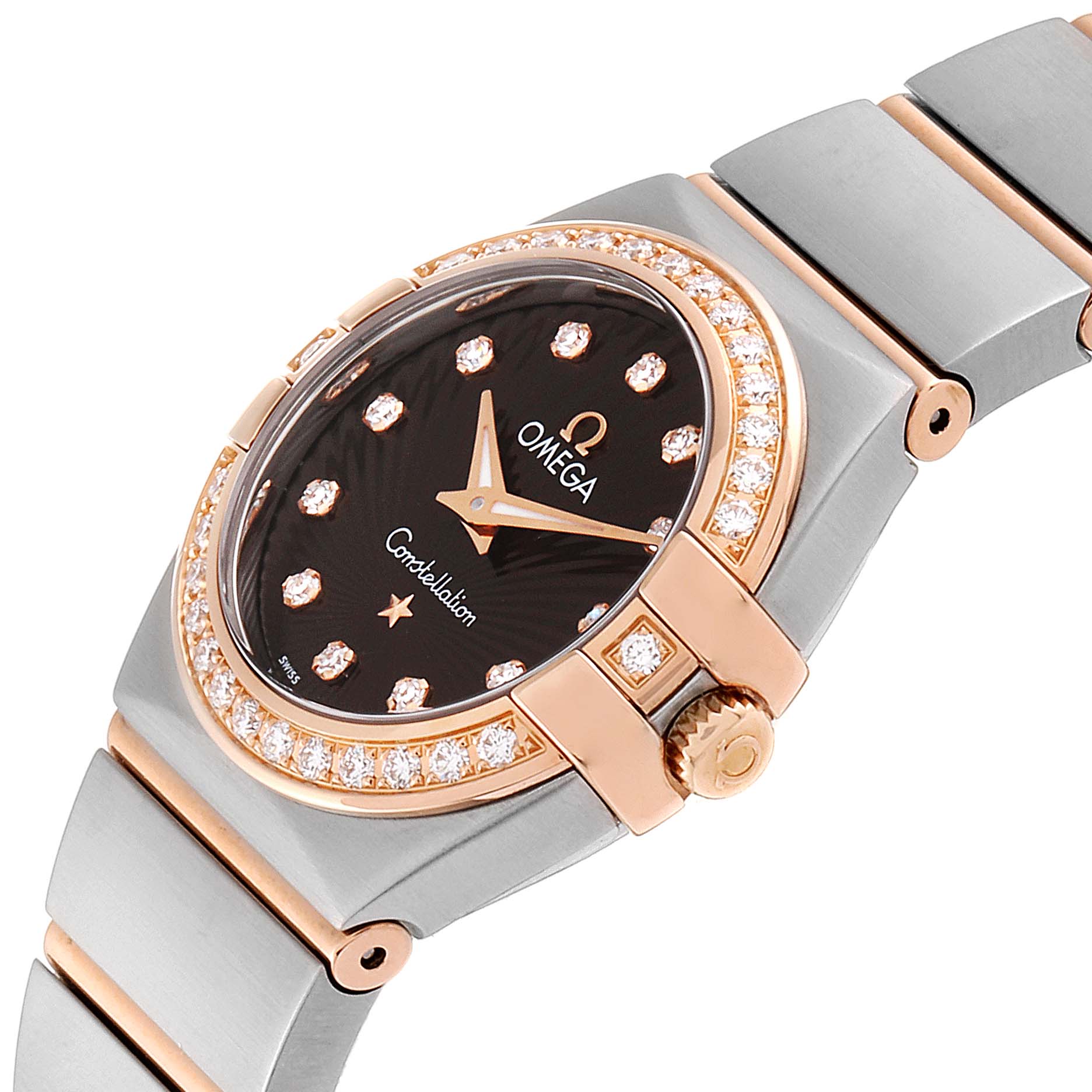 The image shows a black dial and diamond-set bezel on the Omega 123.25.24.60.63.001 Women's Stainless Steel Brown Dial 123.25.24.60.63.001 Women's Stainless Steel Brown Dial Constellation Diamond Steel Rose Gold Watch 123.25.24.60.63.001 at an angle.