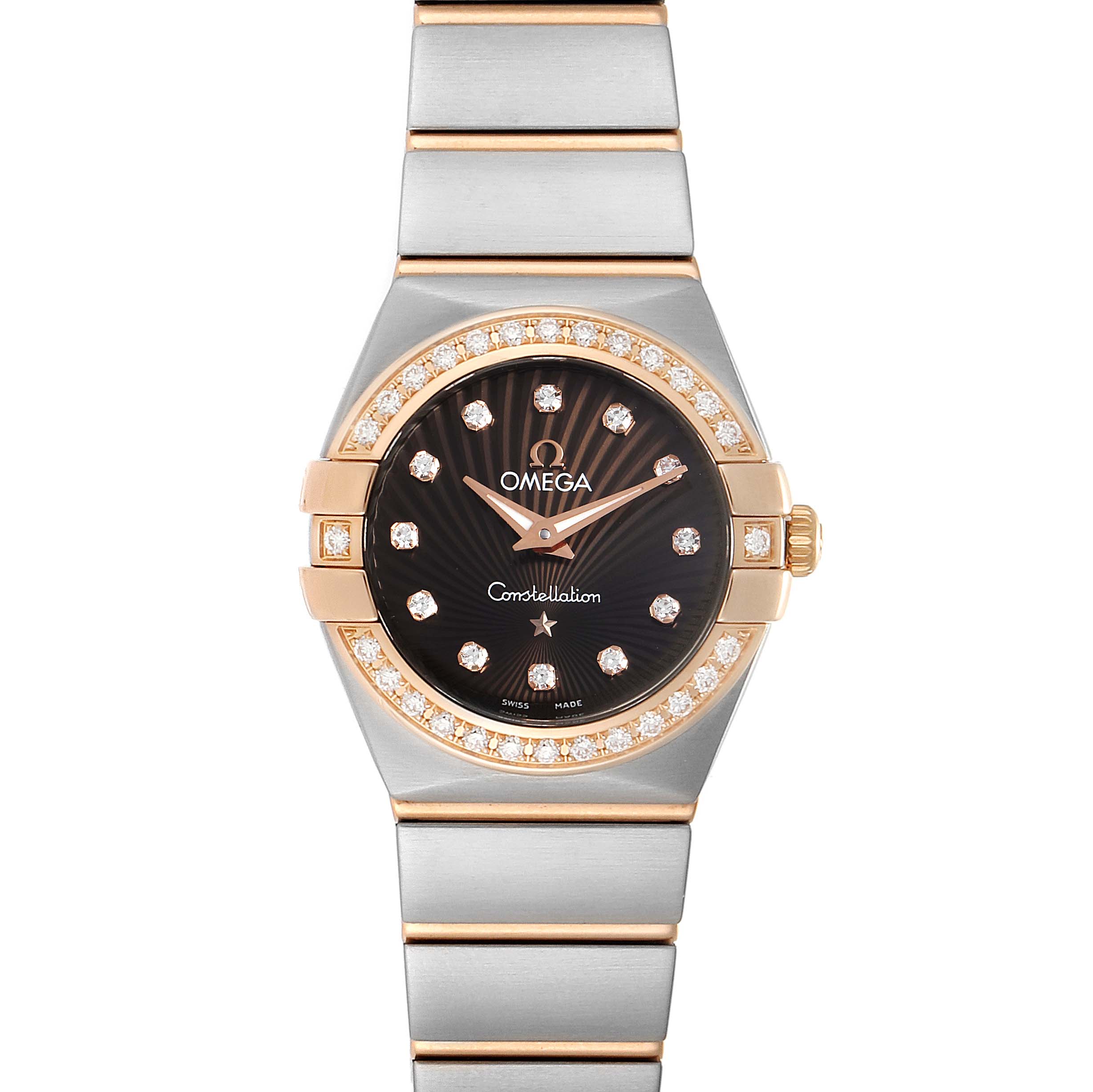 The image shows a front view of the Omega 123.25.24.60.63.001 Women's Stainless Steel Brown Dial 123.25.24.60.63.001 Women's Stainless Steel Brown Dial Constellation Diamond Steel Rose Gold Watch 123.25.24.60.63.001 model.