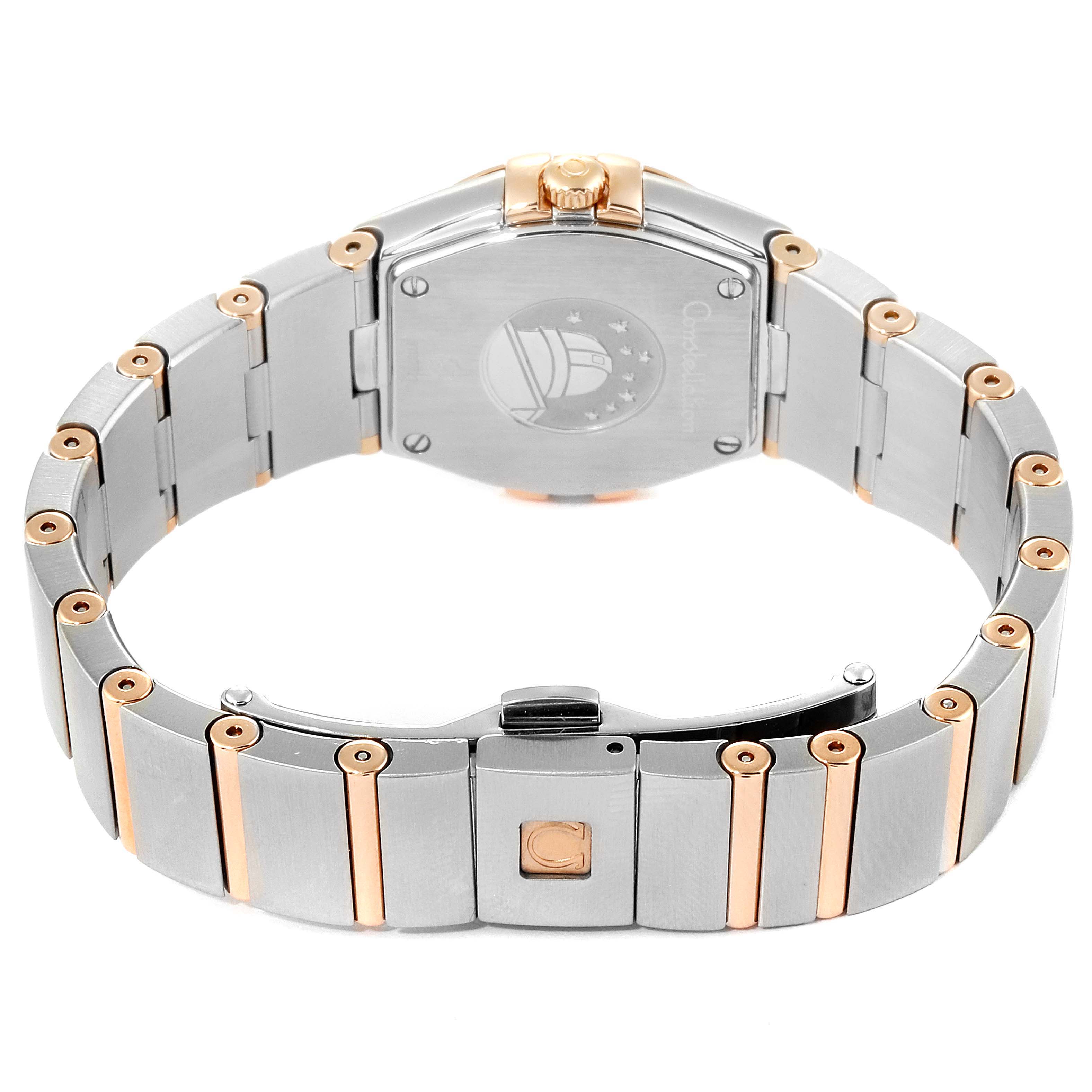 The image shows the back of the Omega 123.25.24.60.63.001 Women's Stainless Steel Brown Dial 123.25.24.60.63.001 Women's Stainless Steel Brown Dial Constellation Diamond Steel Rose Gold Watch 123.25.24.60.63.001, highlighting the clasp and case back.