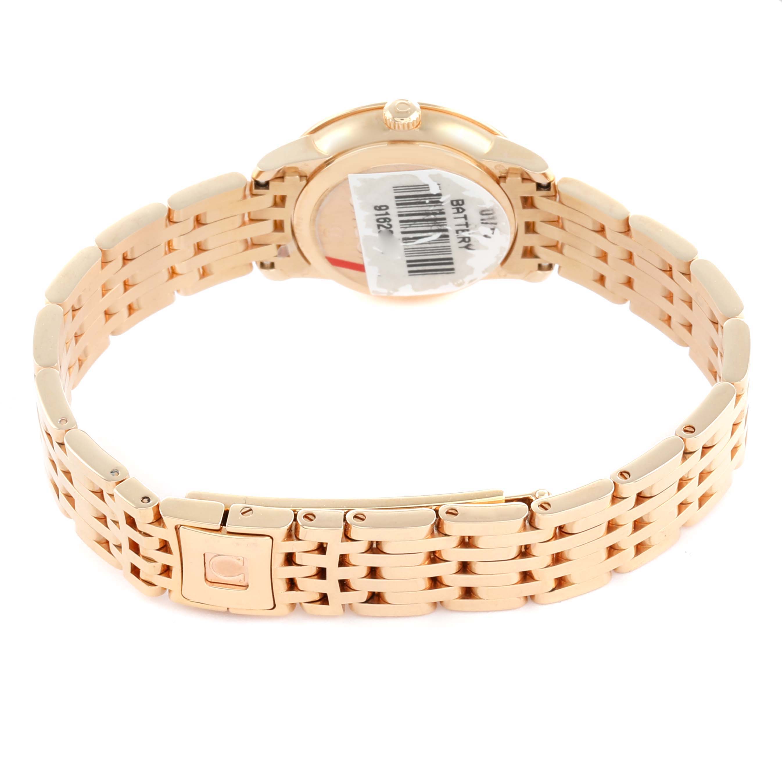 The image shows the rear view of an Omega 424.55.24.60.55.002 Women's Rose Gold Mother of Pearl Dial DeVille Prestige watch, focusing on the gold bracelet and case back.