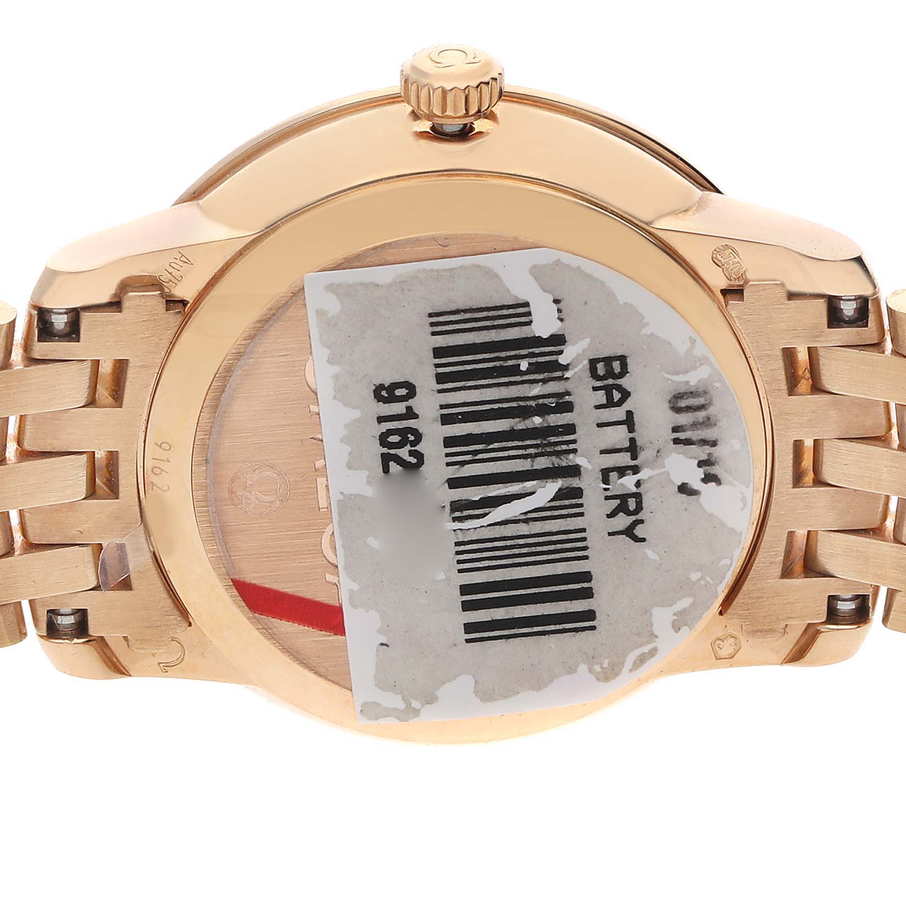 The image shows the case back and bracelet of the Omega 424.55.24.60.55.002 Women's Rose Gold Mother of Pearl Dial DeVille Prestige MOP Diamond Ladies Watch.