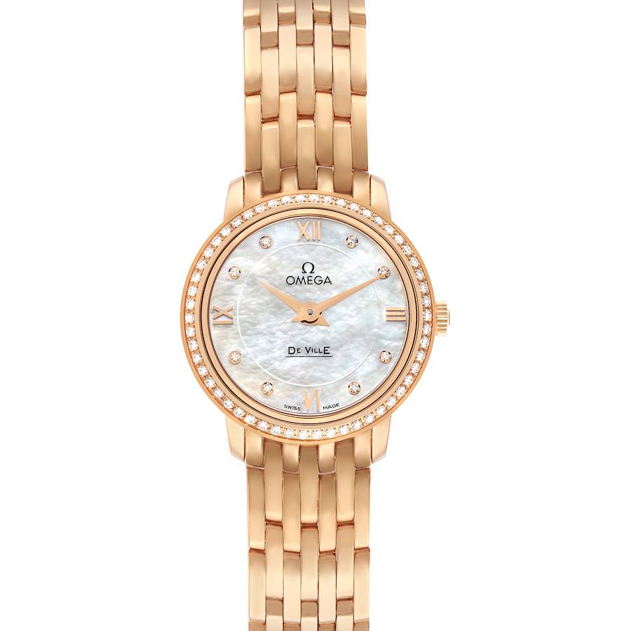 The Omega 424.55.24.60.55.002 Women's Rose Gold Mother of Pearl Dial DeVille Prestige MOP Diamond Ladies Watch is shown from a top-down view, displaying its face, bezel, and bracelet.