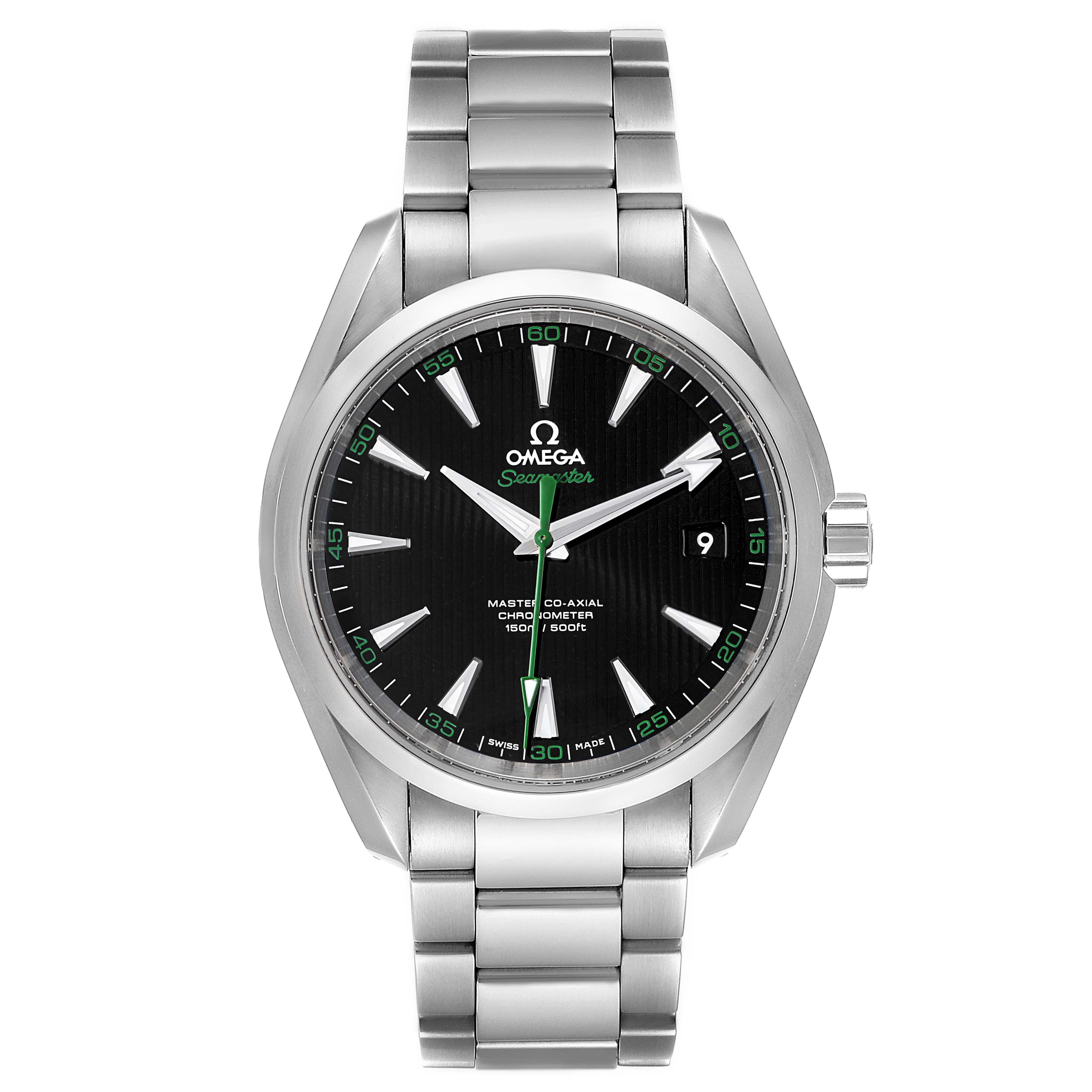 This image shows a front view of the Omega Aqua Terra 231.10.42.21.01.004 Men's Stainless Steel Black Dial 231.10.42.21.01.004 Men's Stainless Steel Black Dial watch, highlighting the dial, bracelet, and crown.