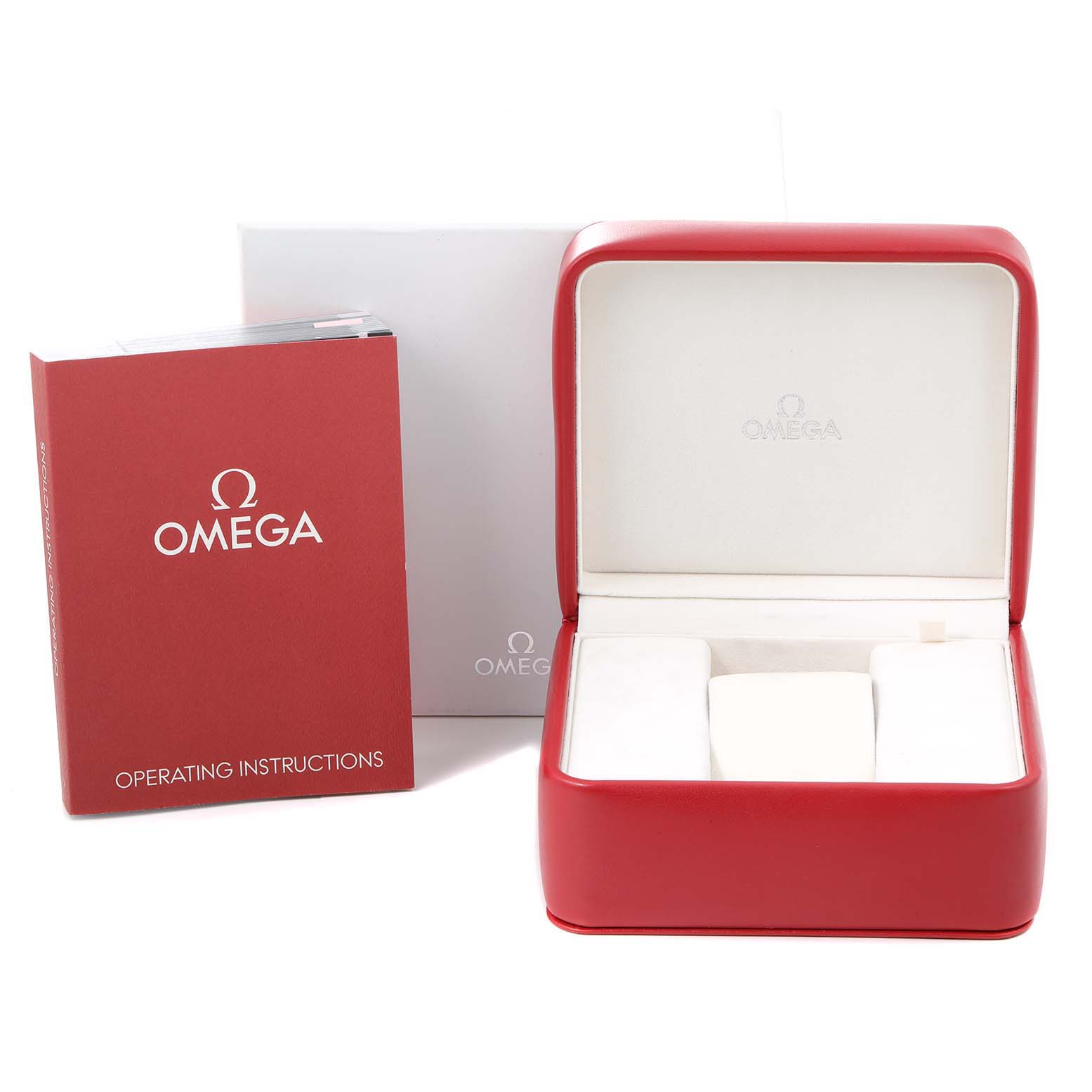 The image shows a red Omega Aqua Terra 231.10.42.21.01.004 Men's Stainless Steel Black Dial 231.10.42.21.01.004 Men's Stainless Steel Black Dial watch box and operating instructions booklet.