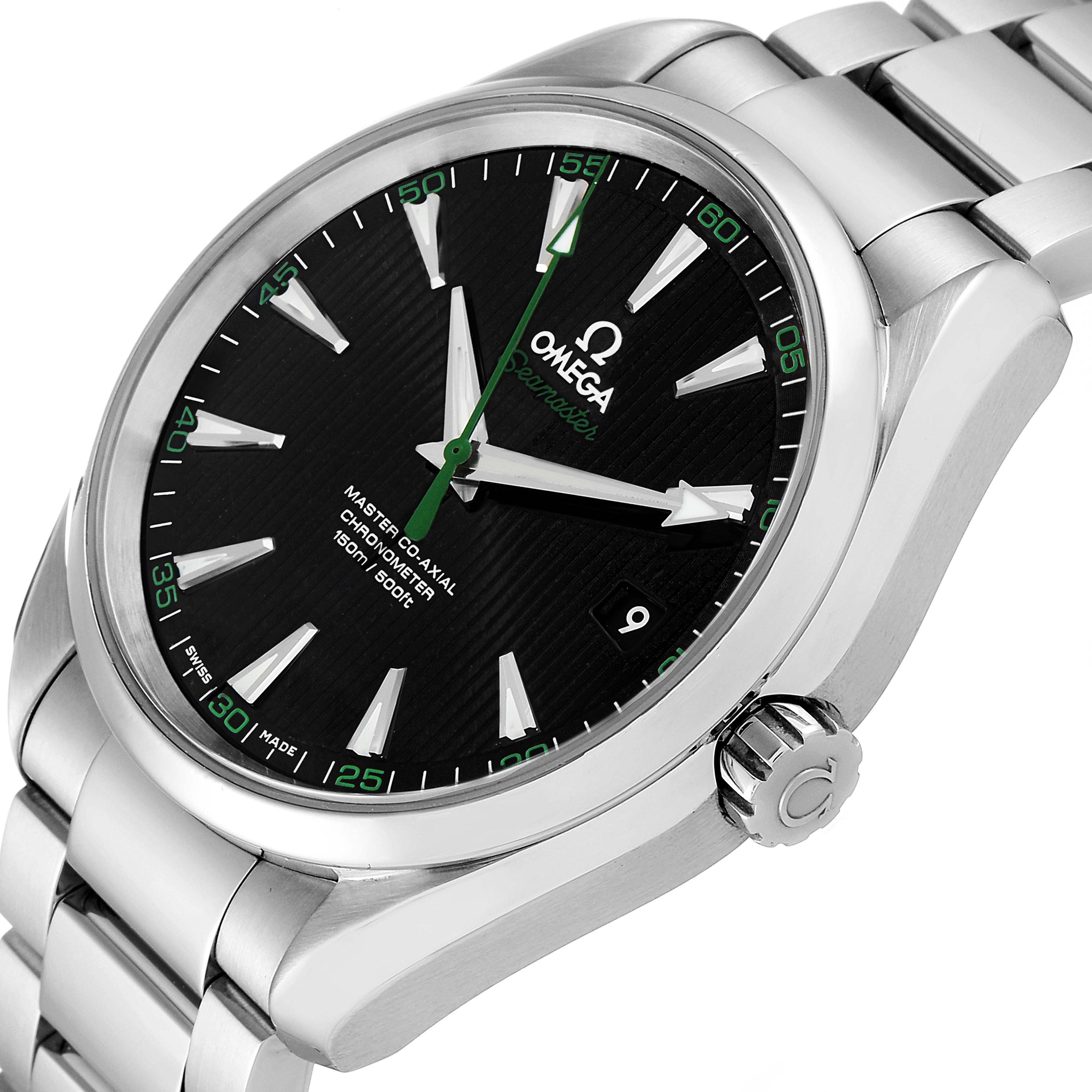 The Omega Aqua Terra 231.10.42.21.01.004 Men's Stainless Steel Black Dial 231.10.42.21.01.004 Men's Stainless Steel Black Dial watch is shown from an angled close-up, highlighting its bezel, dial, and part of the bracelet.