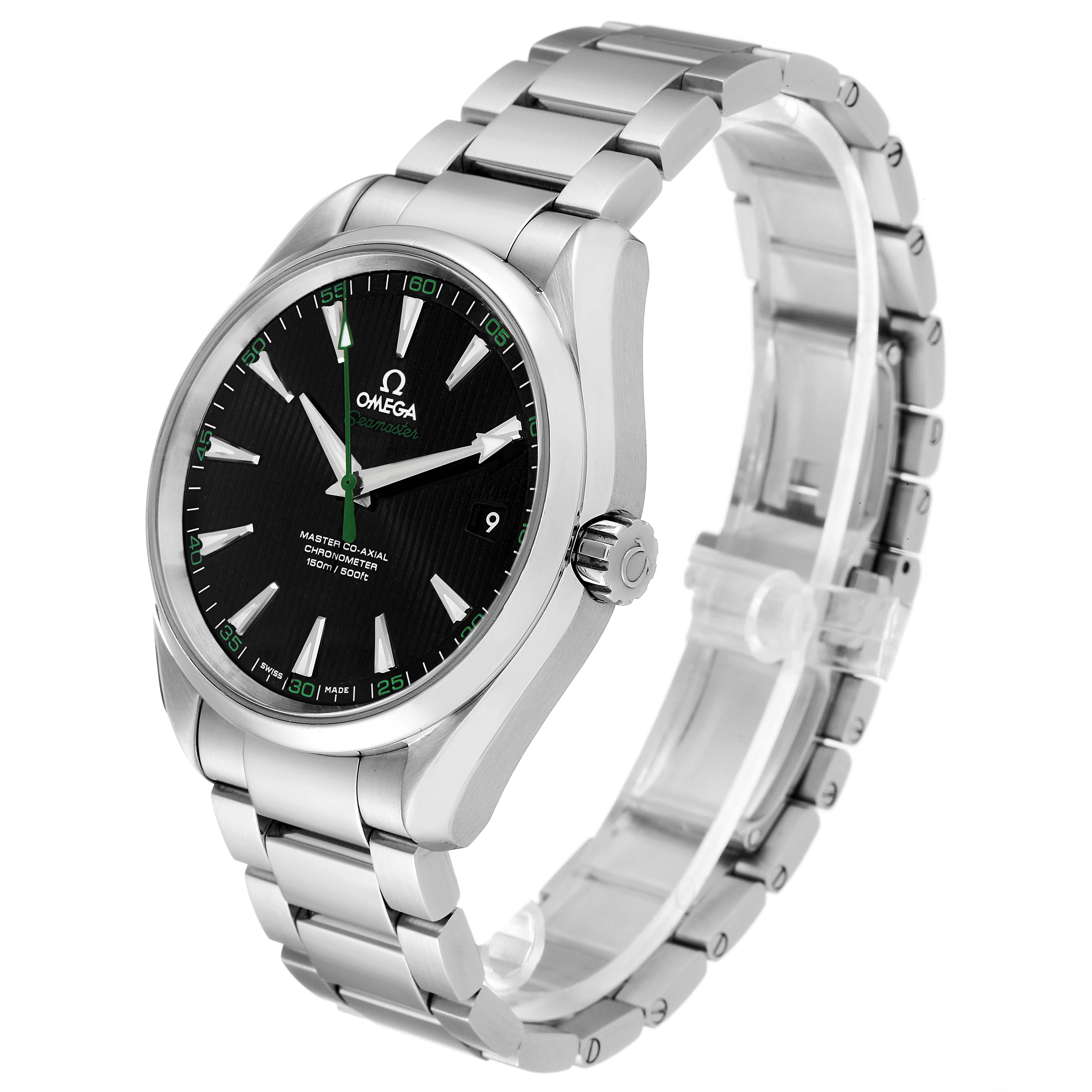 The Omega Aqua Terra 231.10.42.21.01.004 Men's Stainless Steel Black Dial 231.10.42.21.01.004 Men's Stainless Steel Black Dial watch is shown at an oblique angle, highlighting its black dial, stainless steel case, crown, and bracelet.