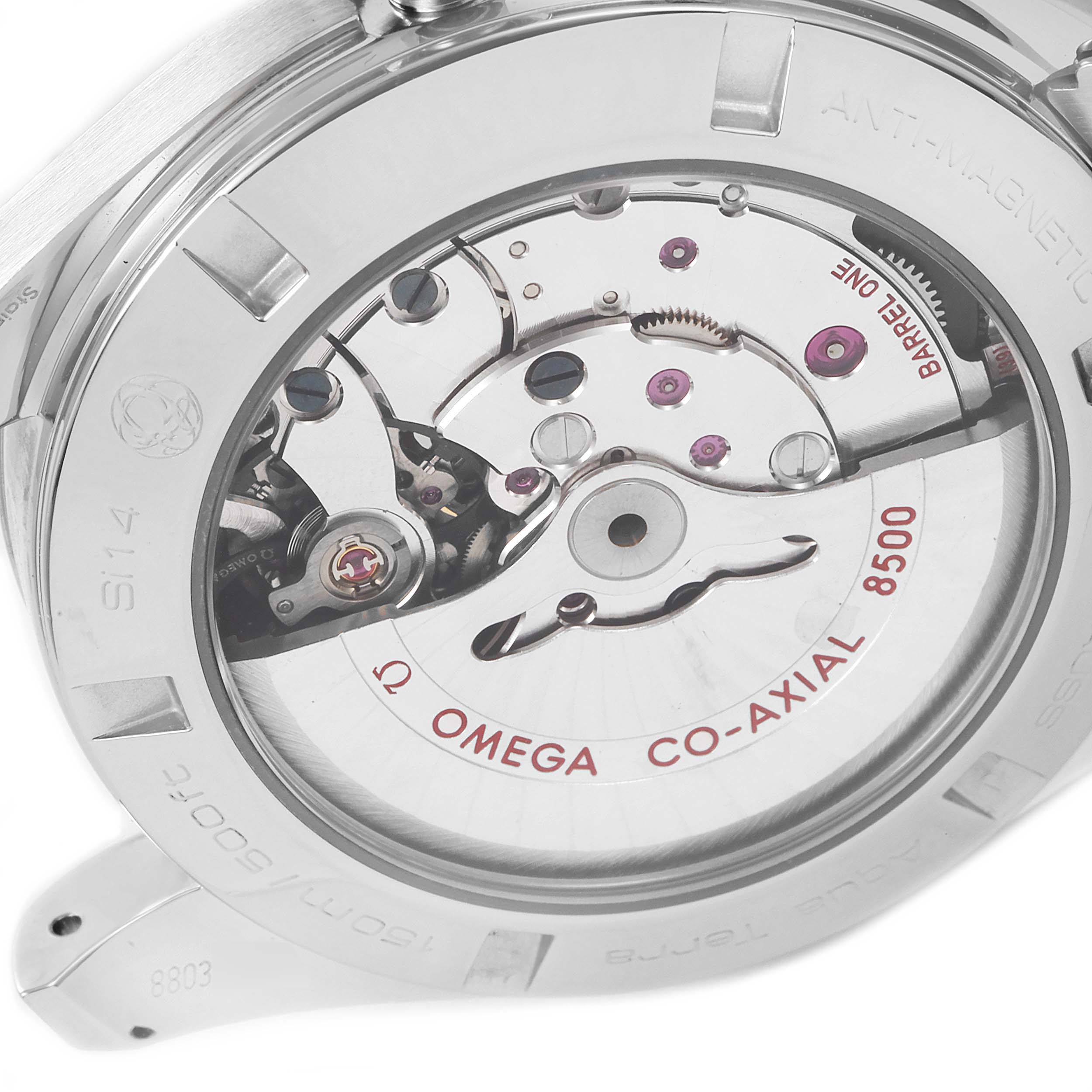 The image shows the back view of an Omega Aqua Terra 231.10.42.21.01.004 Men's Stainless Steel Black Dial 231.10.42.21.01.004 Men's Stainless Steel Black Dial watch, revealing its Co-Axial 8500 movement.