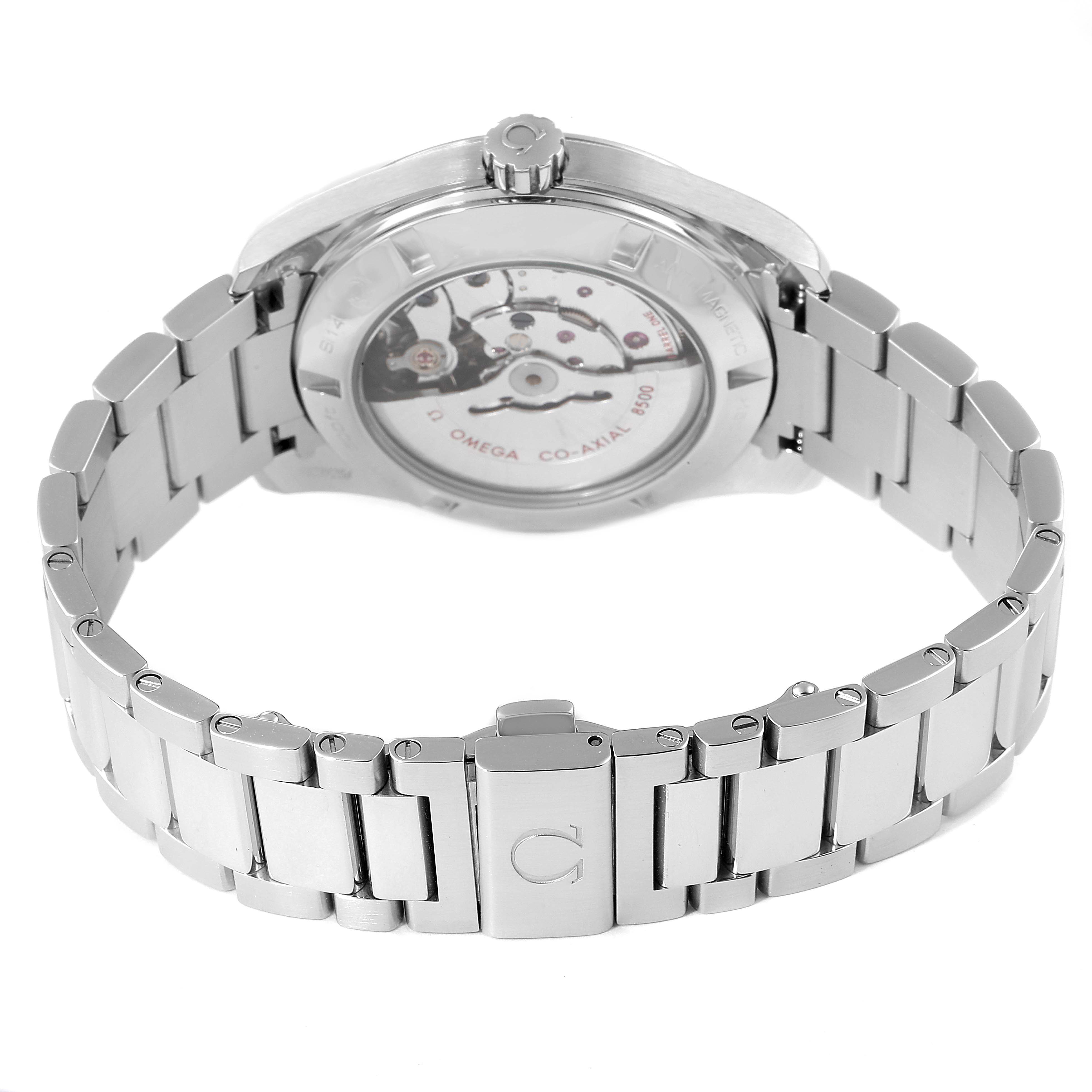 The image shows the back view of an Omega Aqua Terra 231.10.42.21.01.004 Men's Stainless Steel Black Dial 231.10.42.21.01.004 Men's Stainless Steel Black Dial watch, highlighting the stainless steel bracelet and transparent case back.