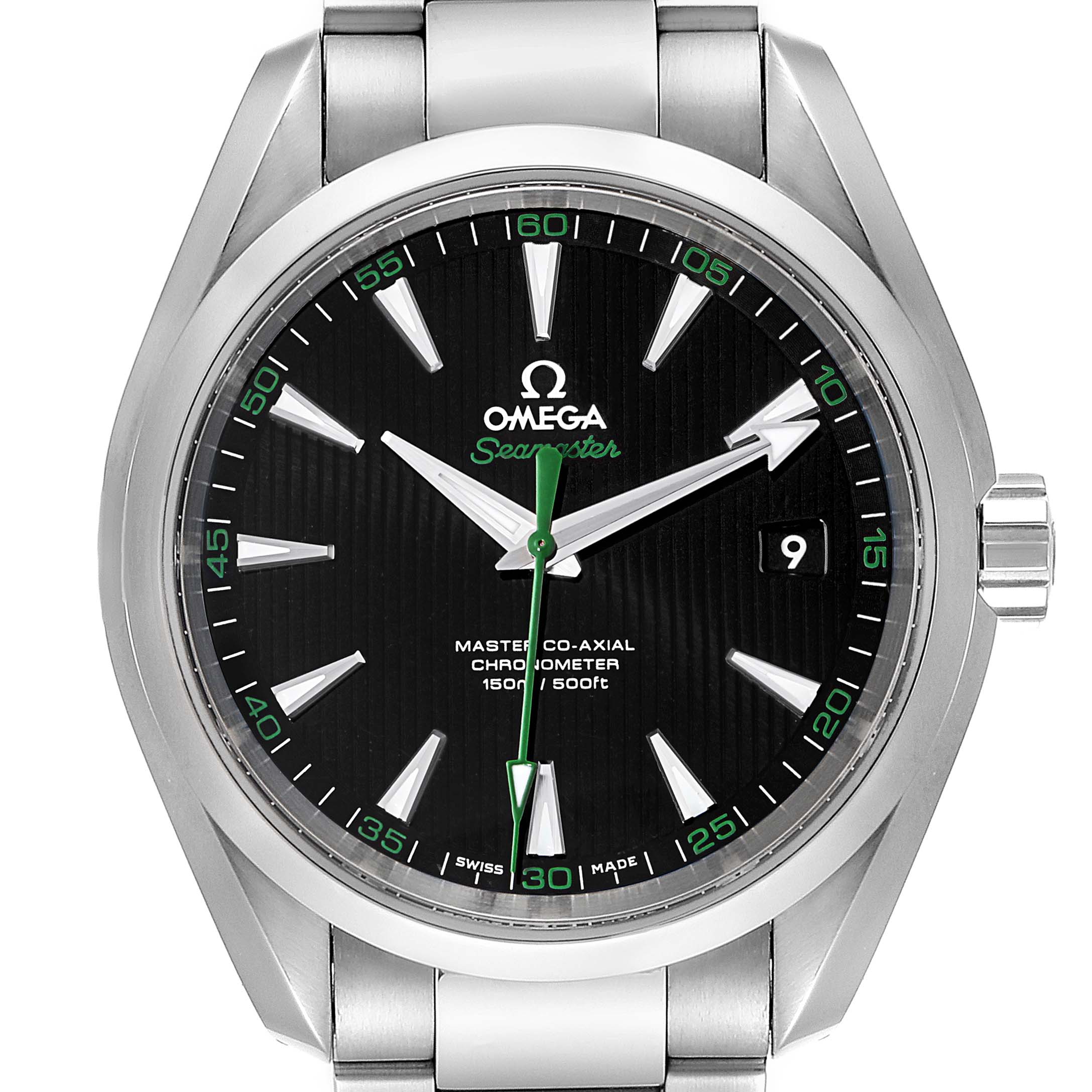This image shows a front view of the Omega Aqua Terra 231.10.42.21.01.004 Men's Stainless Steel Black Dial 231.10.42.21.01.004 Men's Stainless Steel Black Dial watch, highlighting its face, dial, hands, and bracelet.
