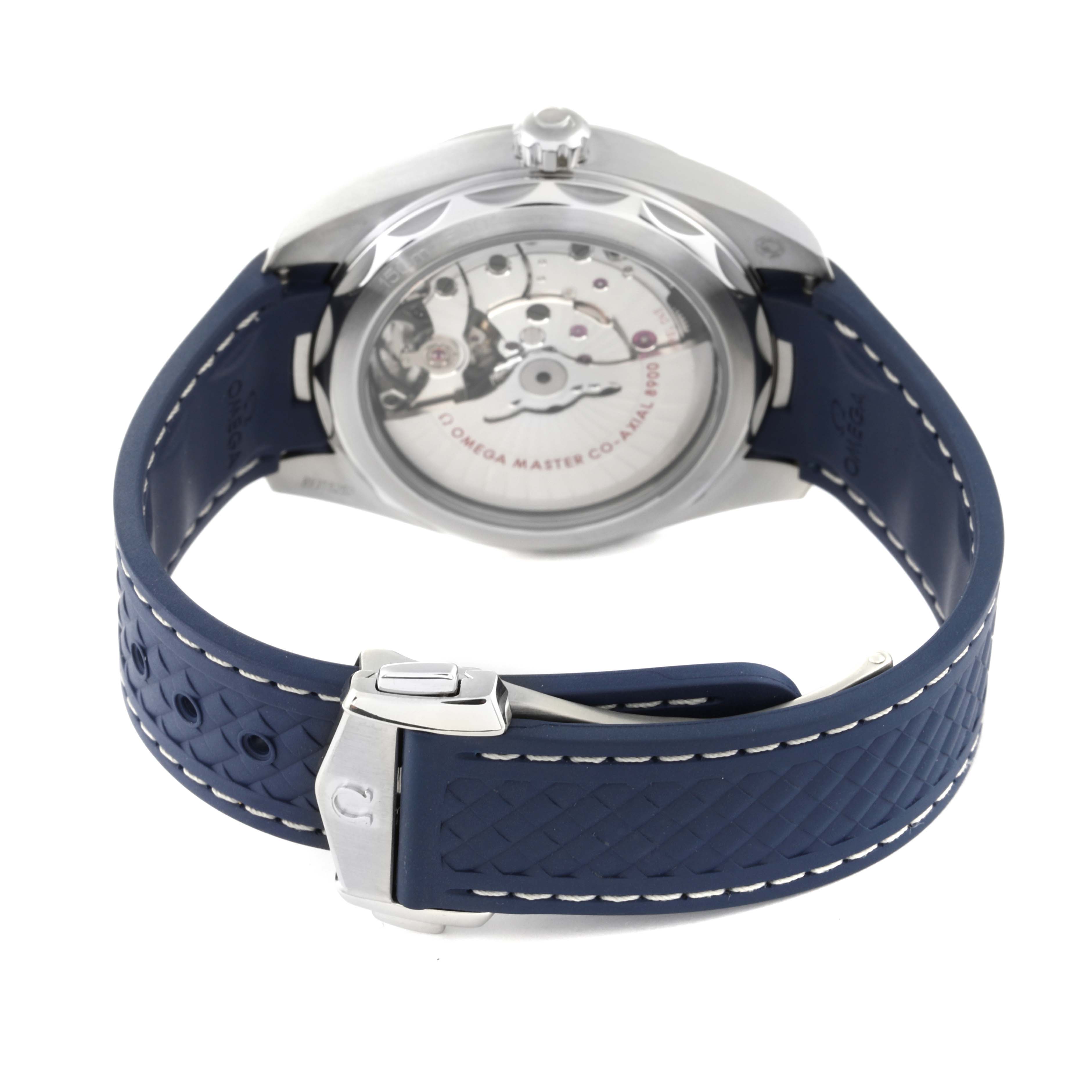 This image shows the back view of the Omega Aqua Terra 220.12.41.21.06.001 Men's Stainless Steel Grey Dial 220.12.41.21.06.001 Men's Stainless Steel Grey Dial watch, highlighting its transparent case back and blue rubber strap with a clasp.