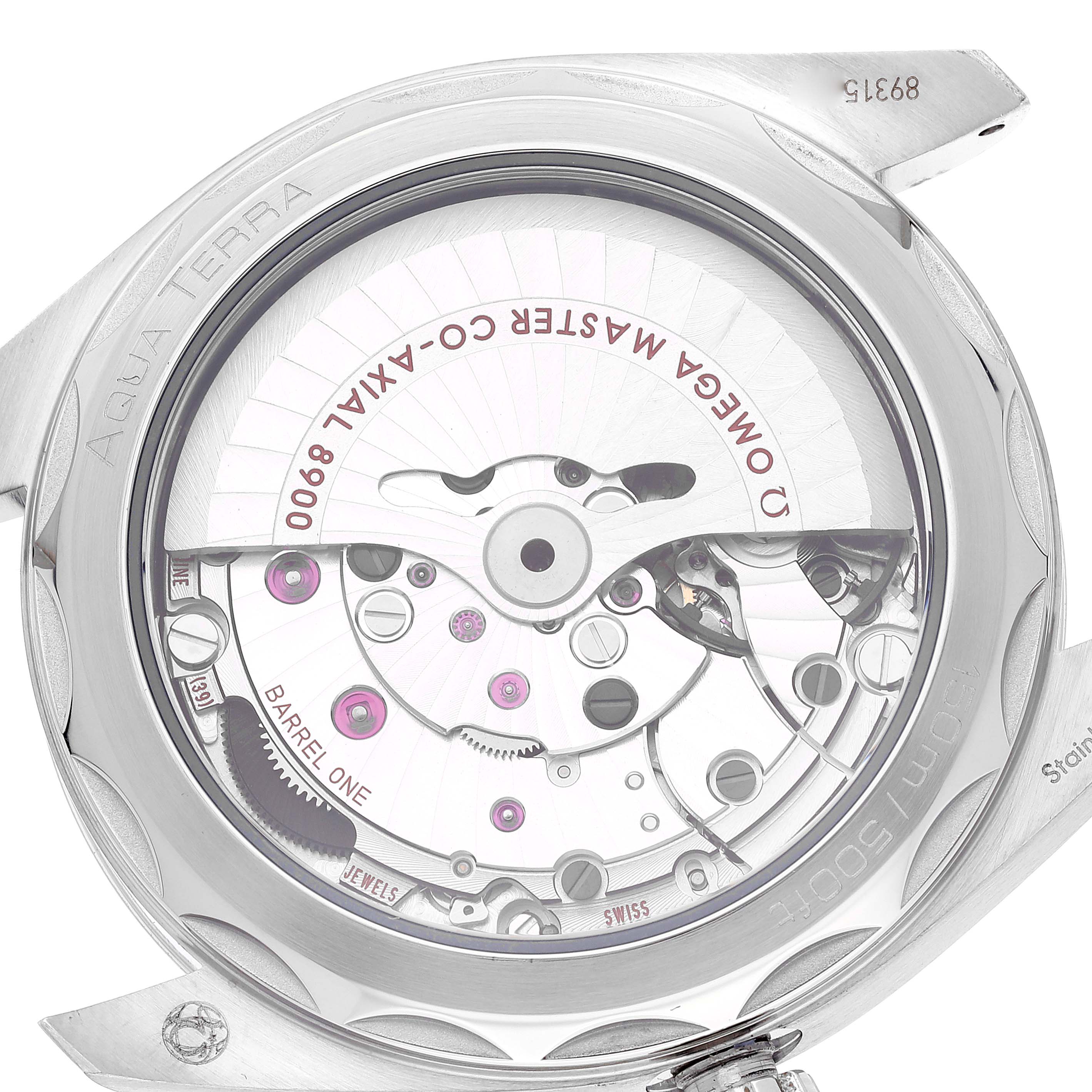 This image shows the back view of an Omega Aqua Terra 220.12.41.21.06.001 Men's Stainless Steel Grey Dial 220.12.41.21.06.001 Men's Stainless Steel Grey Dial watch, highlighting its Co-Axial 8900 Master chronometer movement.