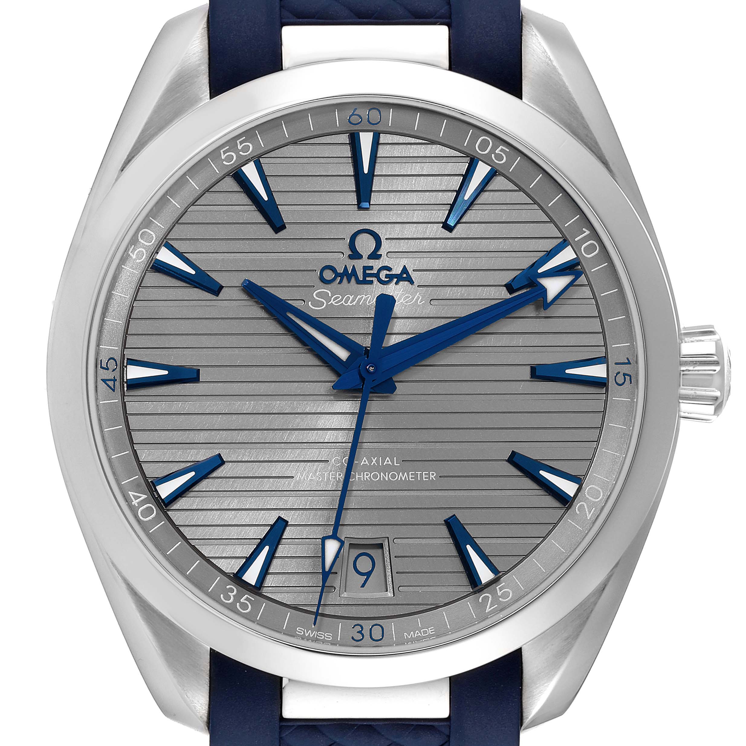 The image shows a frontal view of the Omega Aqua Terra 220.12.41.21.06.001 Men's Stainless Steel Grey Dial 220.12.41.21.06.001 Men's Stainless Steel Grey Dial watch, displaying its face, hands, and bezel.