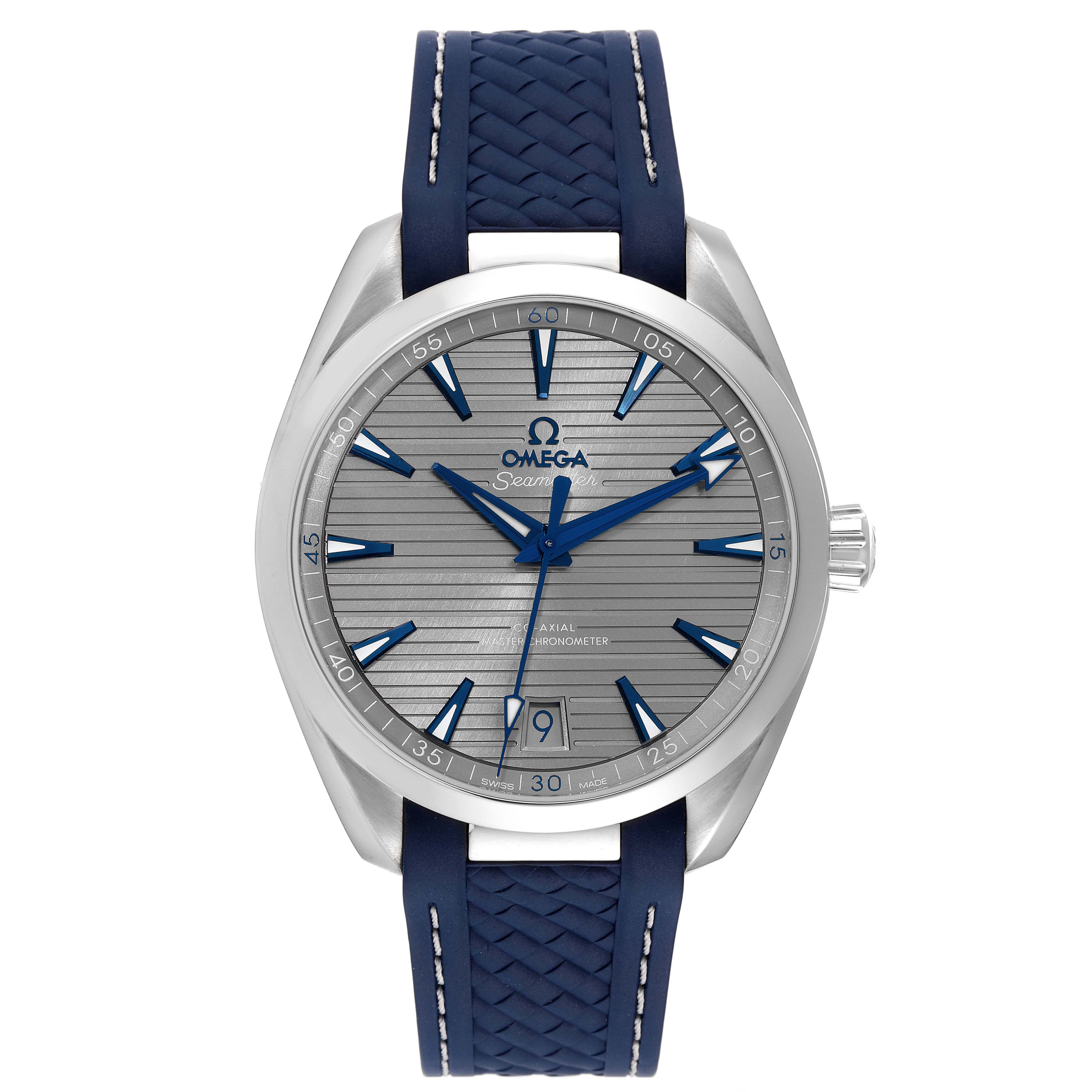 The image shows a front view of the Omega Aqua Terra 220.12.41.21.06.001 Men's Stainless Steel Grey Dial 220.12.41.21.06.001 Men's Stainless Steel Grey Dial watch model, displaying the dial, hands, and strap.