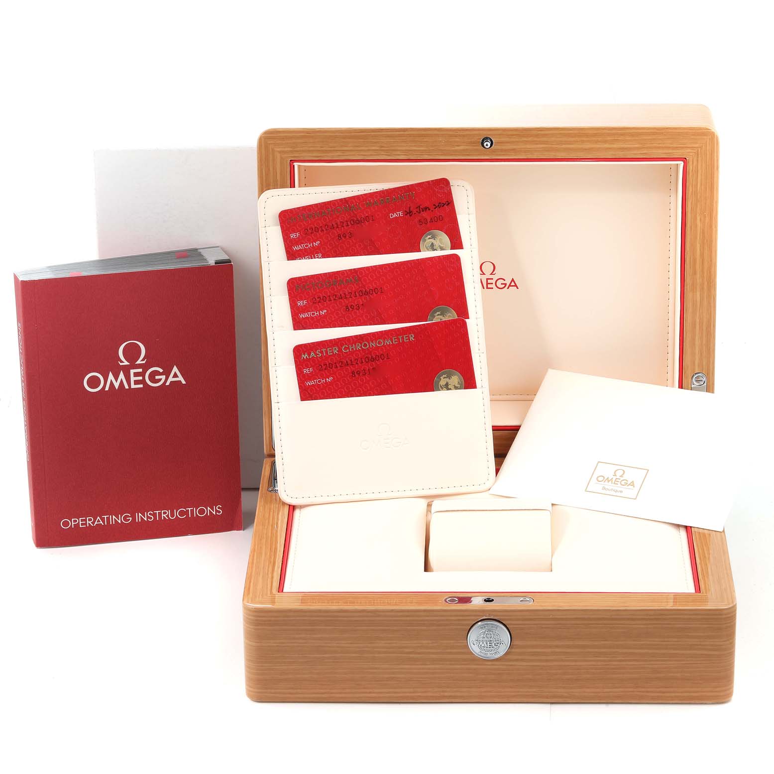 The image shows the Omega Aqua Terra 220.12.41.21.06.001 Men's Stainless Steel Grey Dial 220.12.41.21.06.001 Men's Stainless Steel Grey Dial packaging, including the watch box, operating instructions, and certification cards.