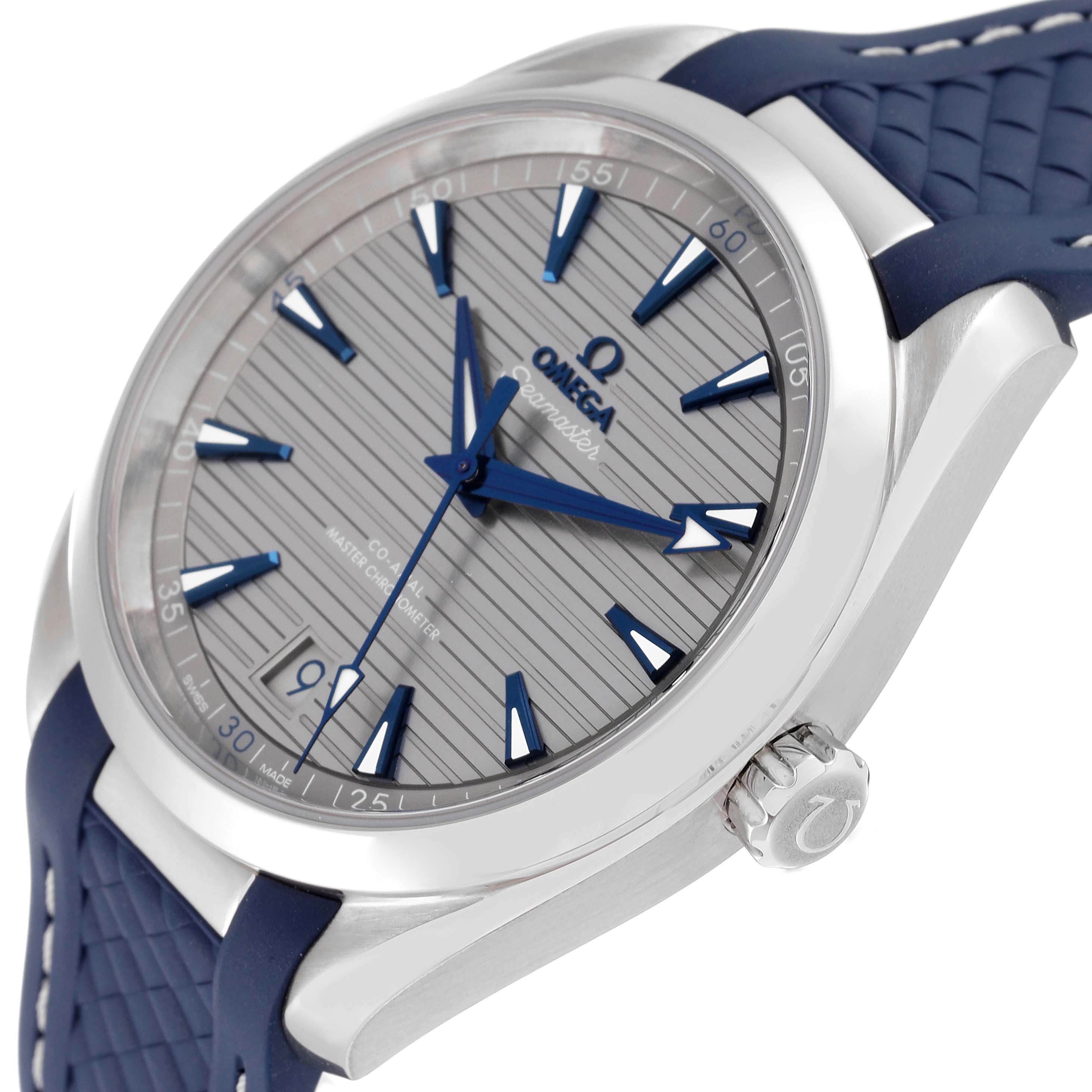 This is an angled view of the Omega Aqua Terra 220.12.41.21.06.001 Men's Stainless Steel Grey Dial 220.12.41.21.06.001 Men's Stainless Steel Grey Dial watch, showing the dial, hands, crown, and part of the strap.