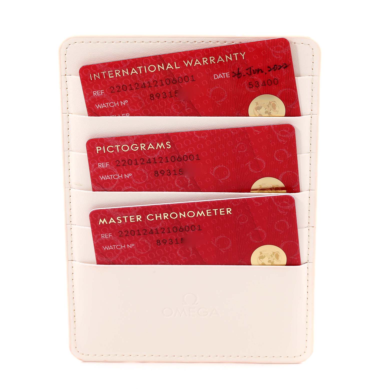 The image shows a holder containing three red cards for the Omega Aqua Terra 220.12.41.21.06.001 Men's Stainless Steel Grey Dial 220.12.41.21.06.001 Men's Stainless Steel Grey Dial model: International Warranty, Pictograms, and Master Chronometer.