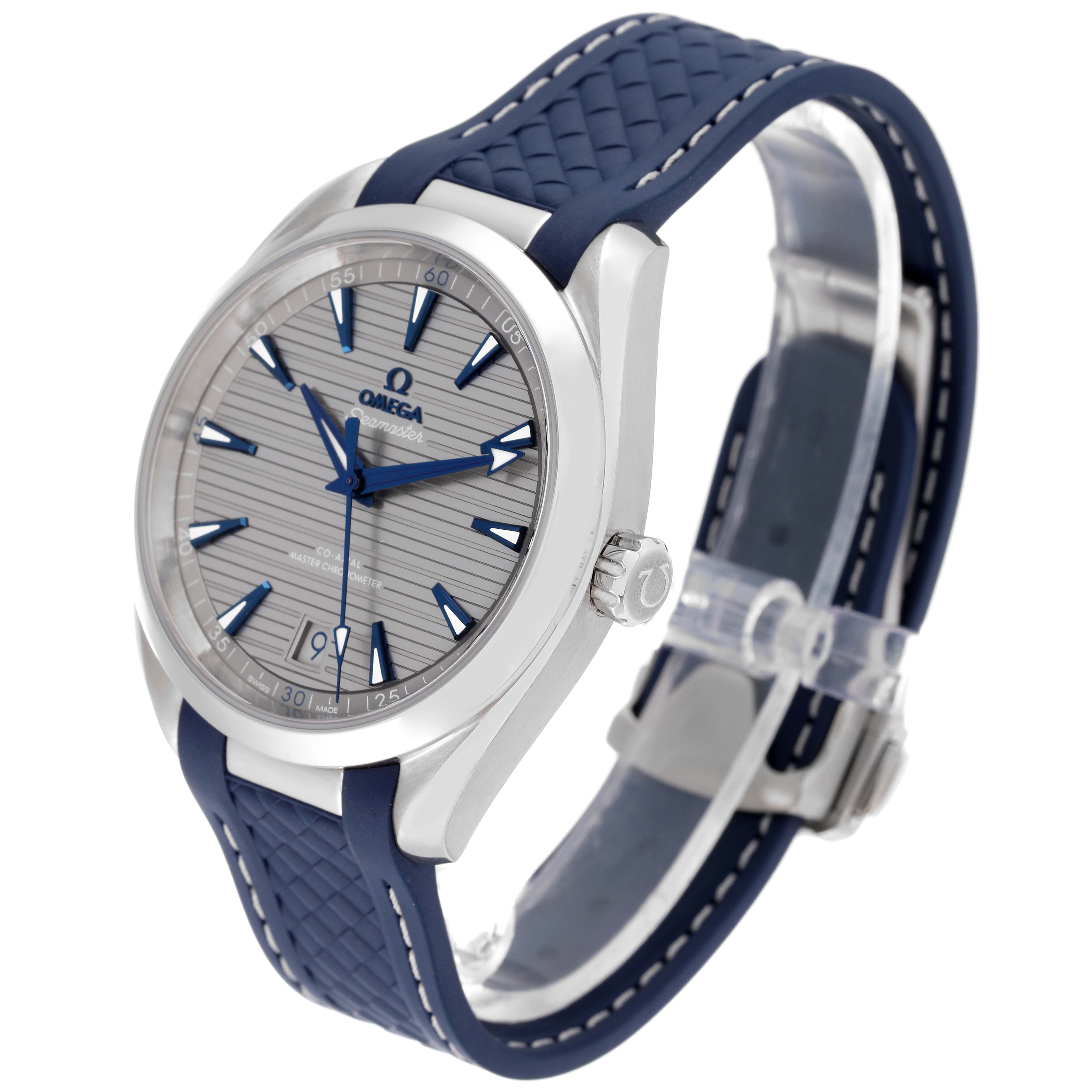 The image shows an Omega Aqua Terra 220.12.41.21.06.001 Men's Stainless Steel Grey Dial 220.12.41.21.06.001 Men's Stainless Steel Grey Dial watch from a three-quarter view, highlighting the face, strap, and crown.