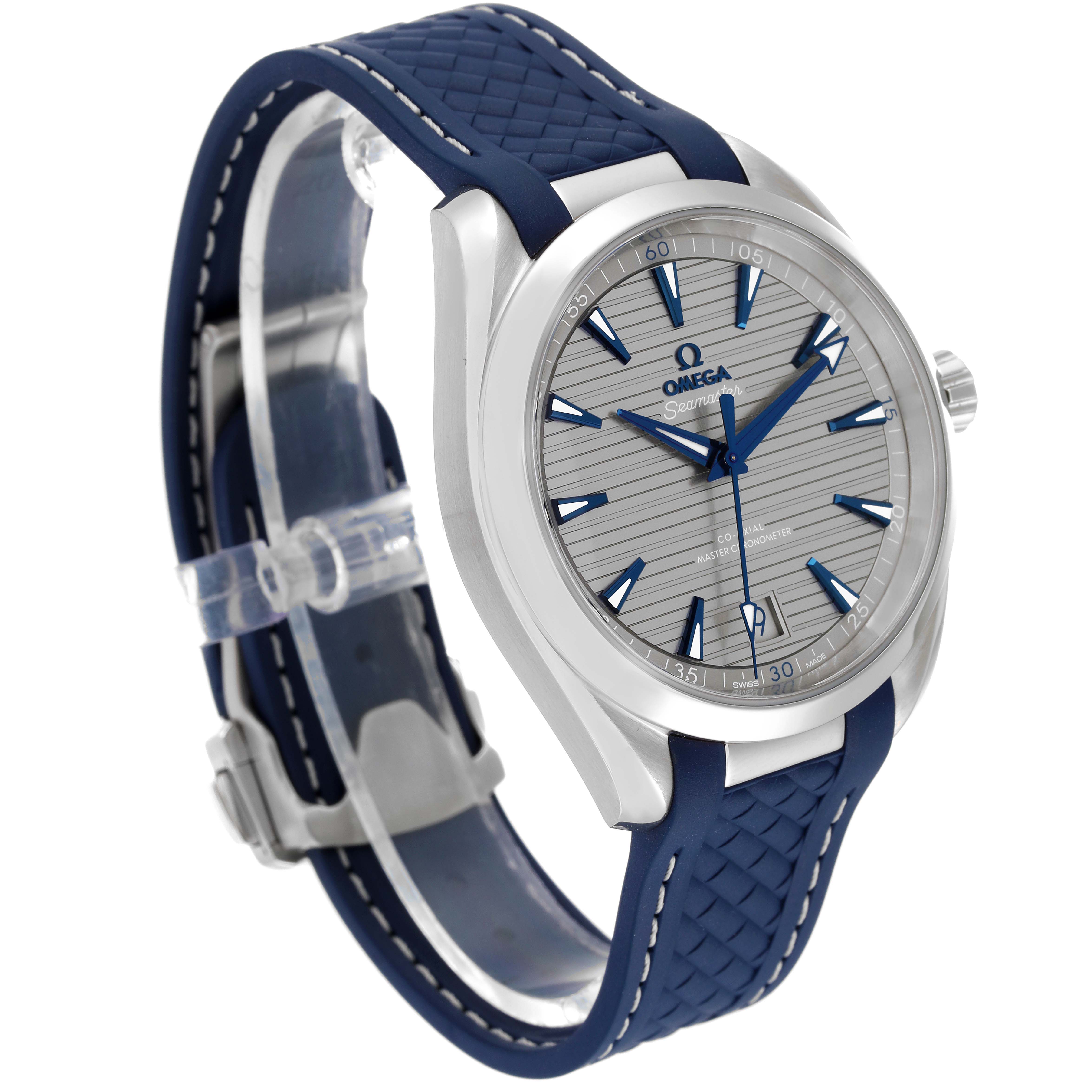 The image shows an Omega Aqua Terra 220.12.41.21.06.001 Men's Stainless Steel Grey Dial 220.12.41.21.06.001 Men's Stainless Steel Grey Dial watch at a three-quarter angle, highlighting the face, strap, and clasp.