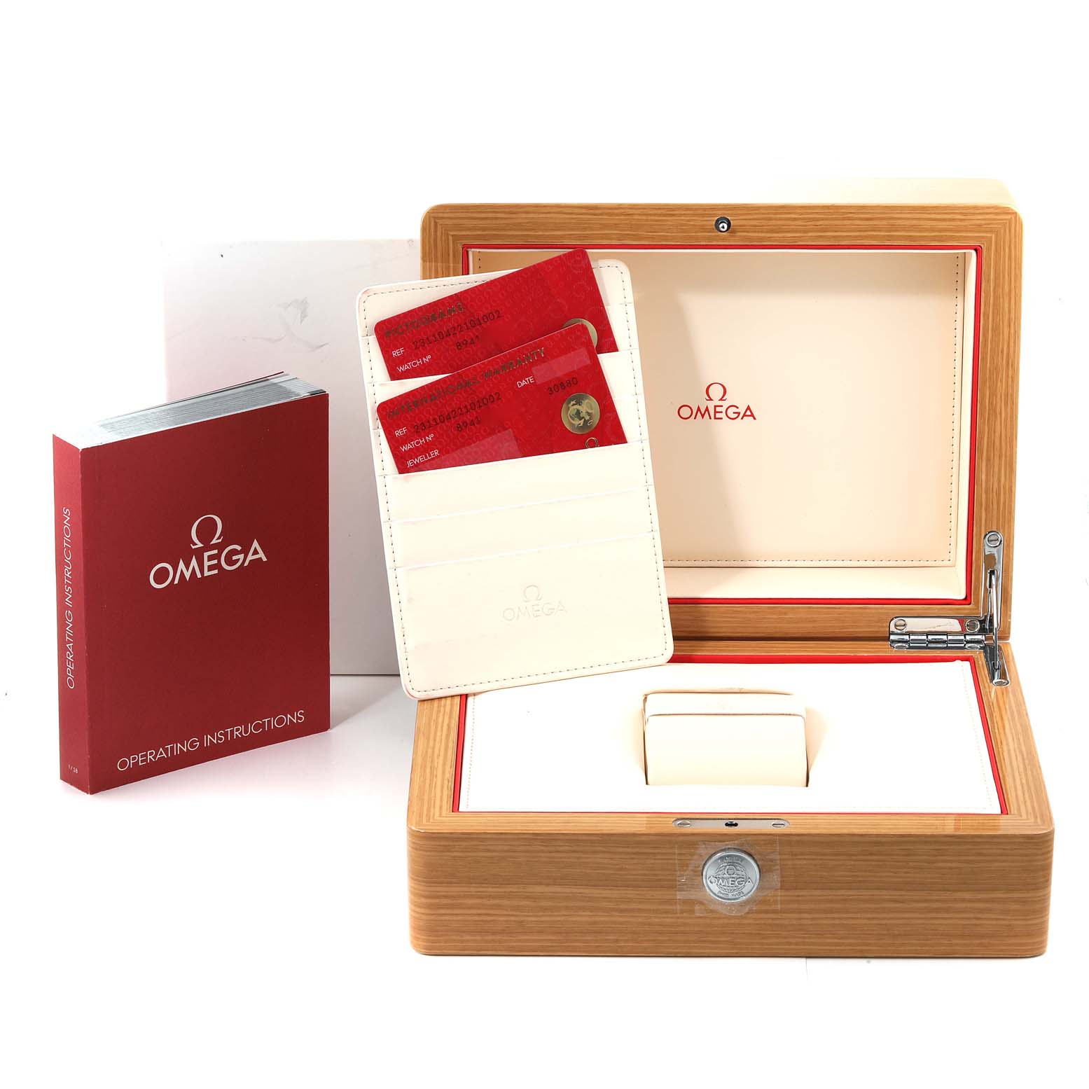 The image shows the Omega Aqua Terra 231.10.42.21.01.002 Men's Stainless Steel Black Dial 231.10.42.21.01.002 Men's Stainless Steel Black Dial watch box, operating instructions, warranty cards, and cardholder.