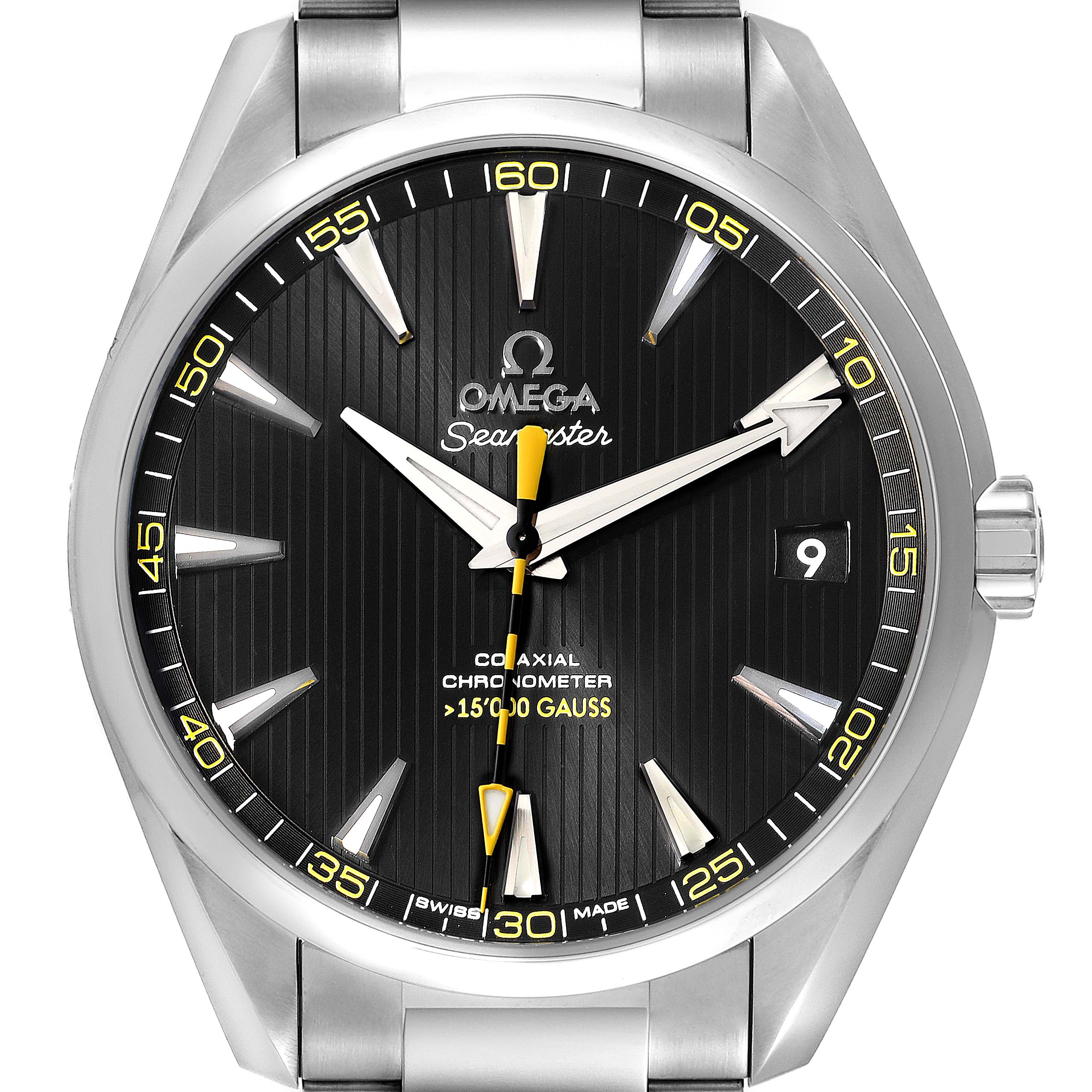 The image shows a frontal view of the Omega Seamaster Aqua Terra watch, highlighting its black dial with yellow accents, hour markers, and date window.
