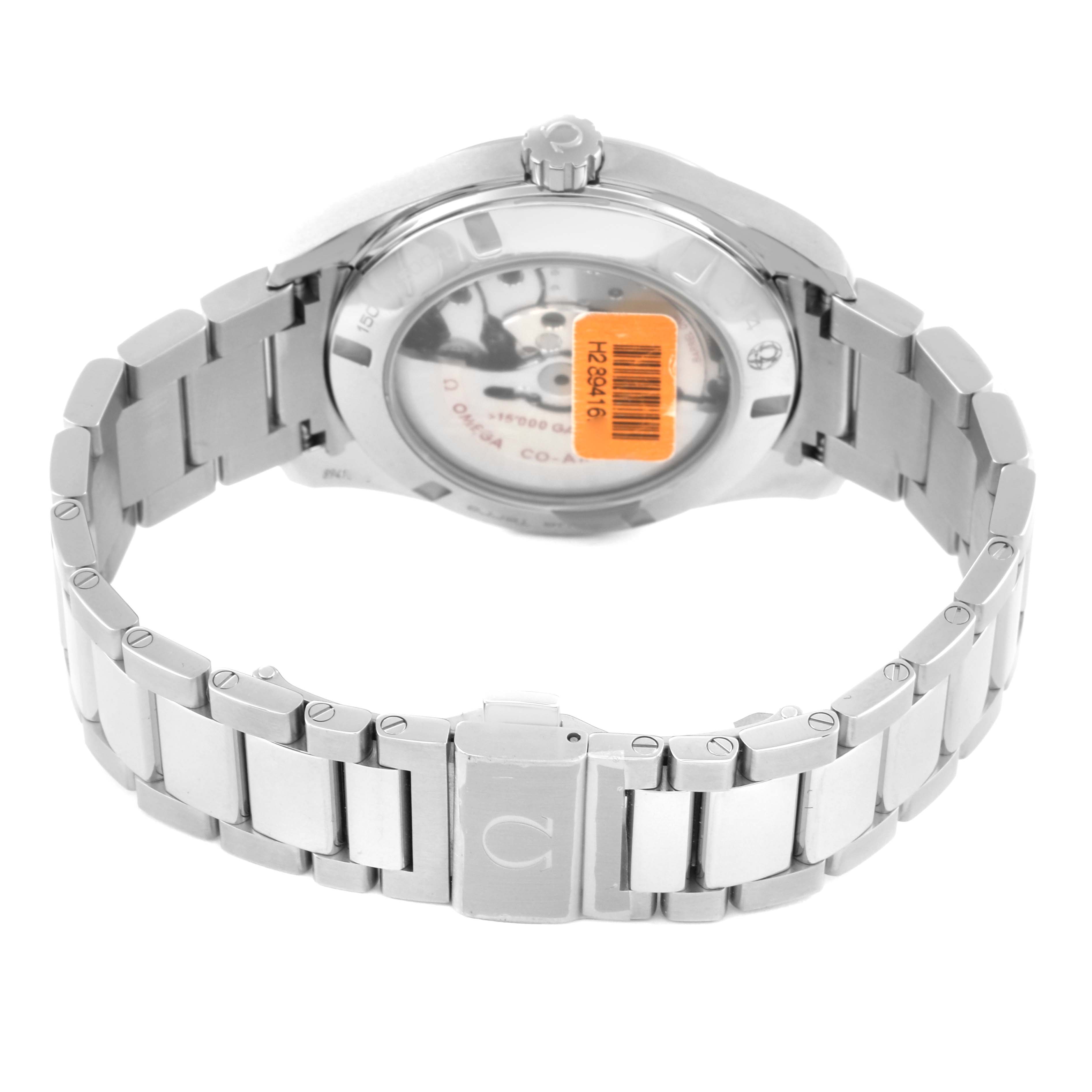 The image shows the back and bracelet of the Omega Aqua Terra 231.10.42.21.01.002 Men's Stainless Steel Black Dial 231.10.42.21.01.002 Men's Stainless Steel Black Dial watch with a visible case back and clasp.